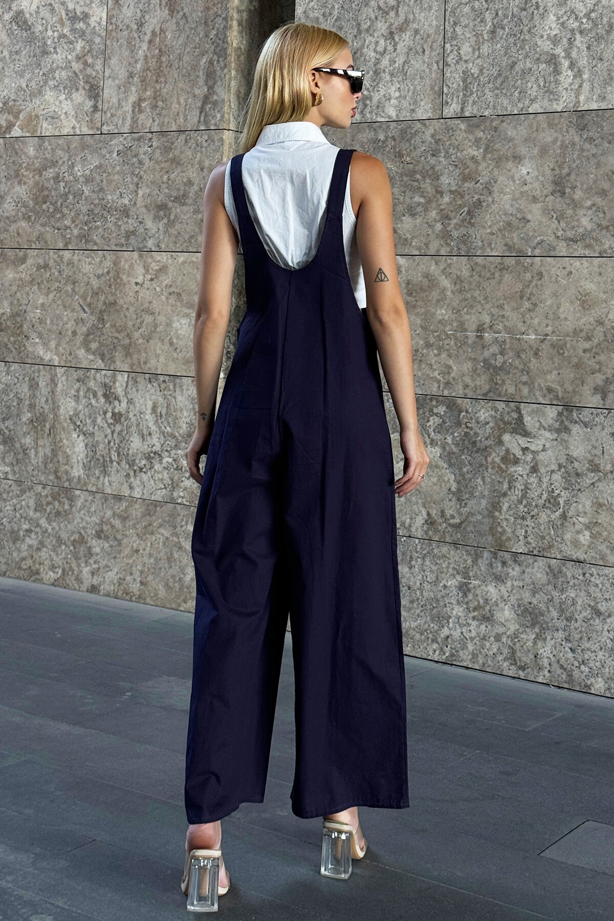 Lacivert Önü Cepli Askılı Gabardin Bahçıvan Tulum