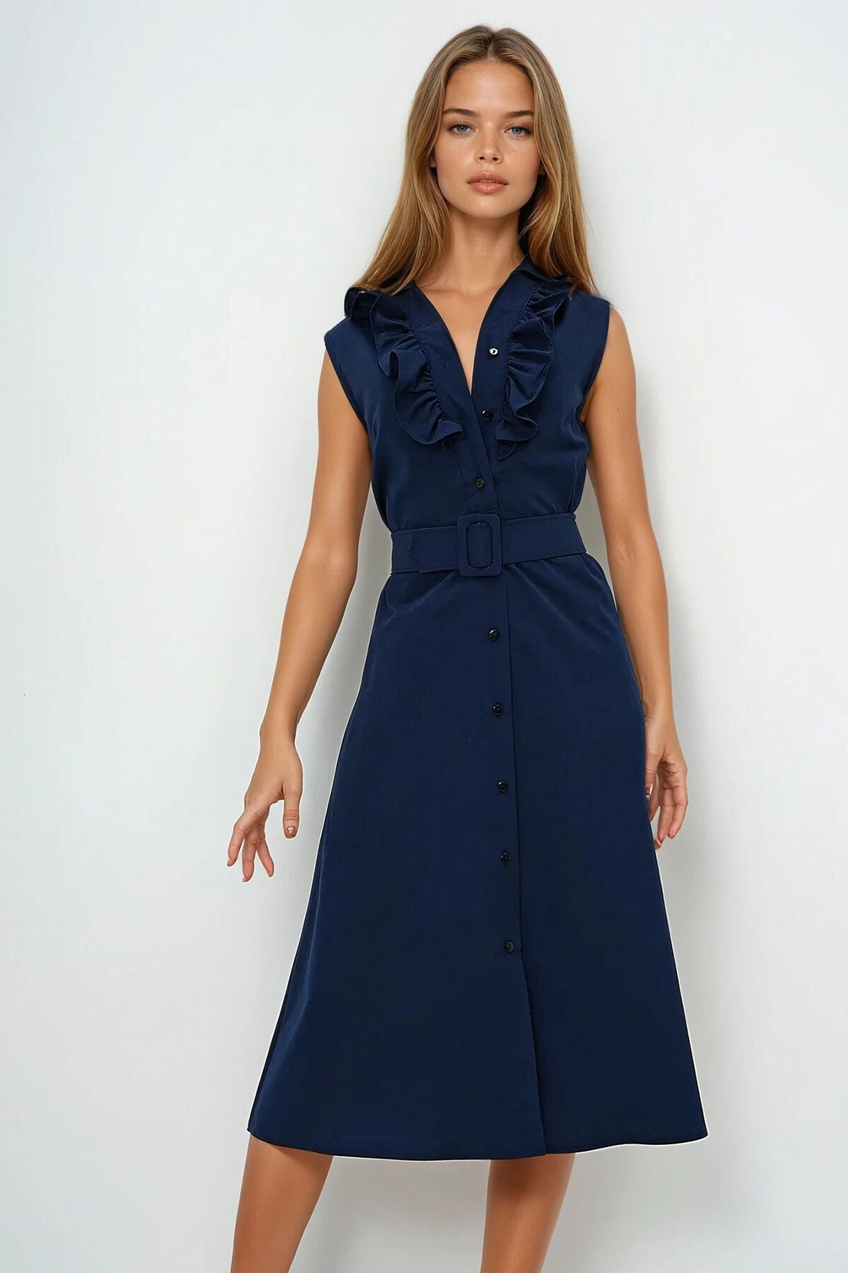 Lacivert Önü Fırfırlı Kemerli Poplin Dokuma Elbise