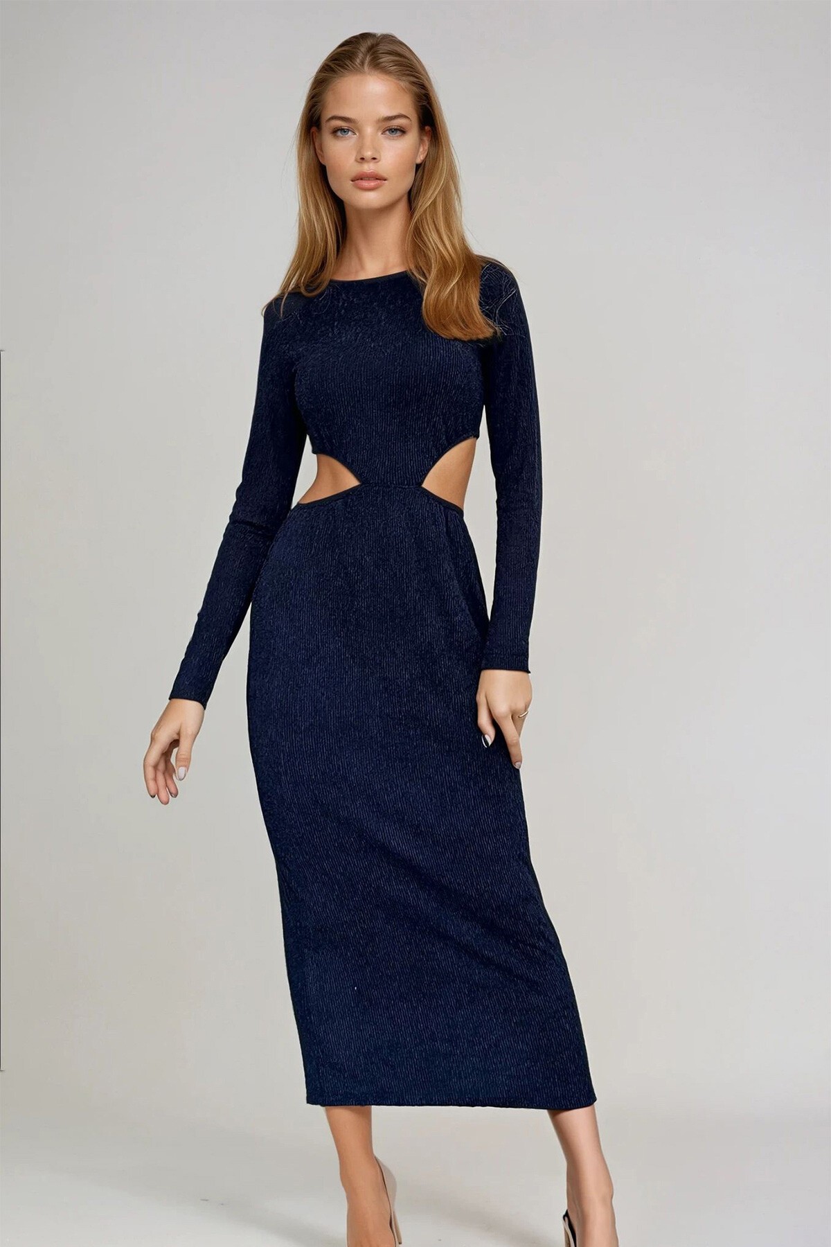 Lacivert Outcut Kesim Kendinden Dokulu Midi Boy Elbise