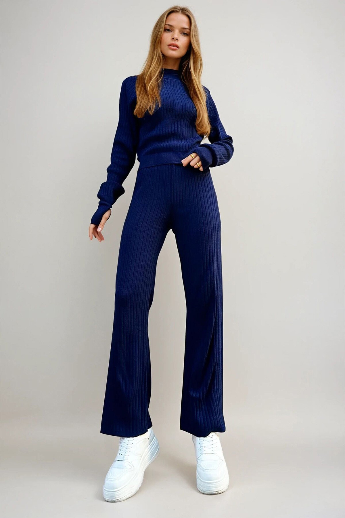 Lacivert Parmak Detaylı Triko Alt Üst Takım