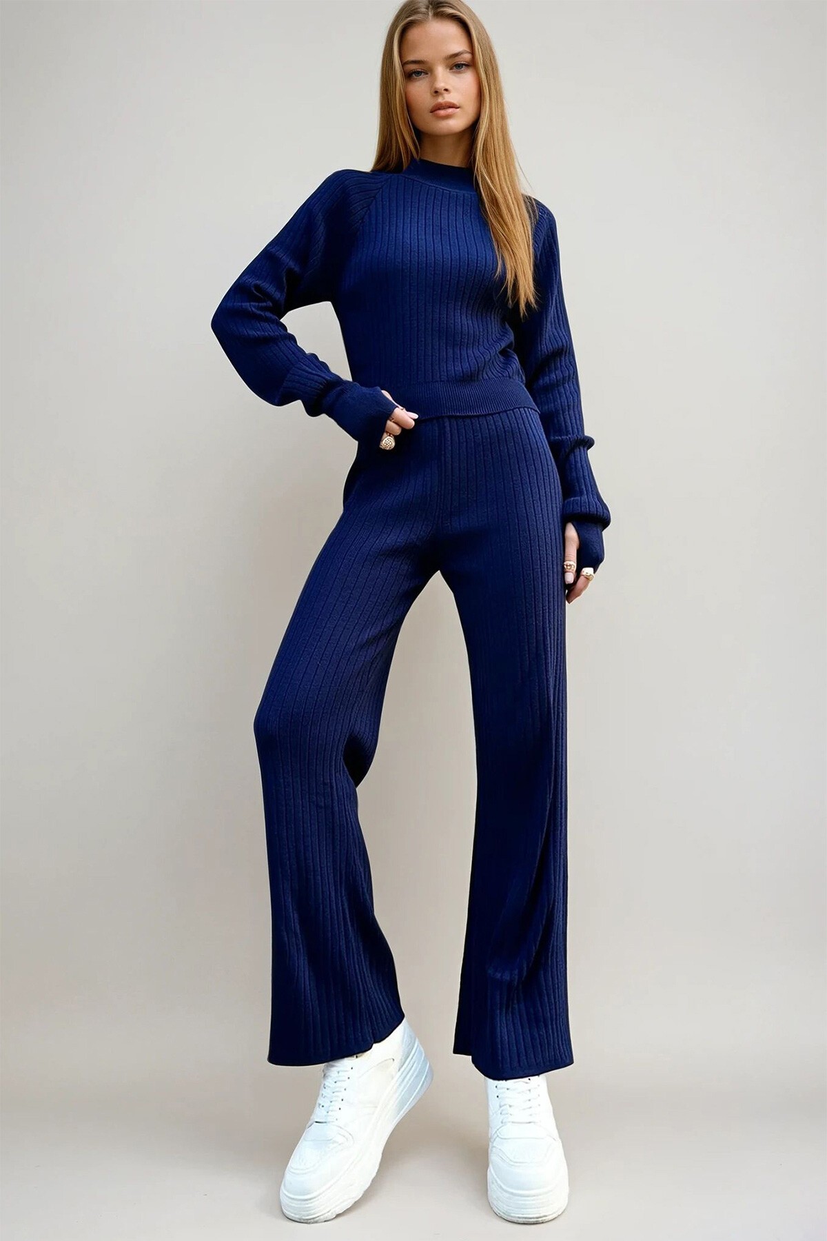 Lacivert Parmak Detaylı Triko Alt Üst Takım
