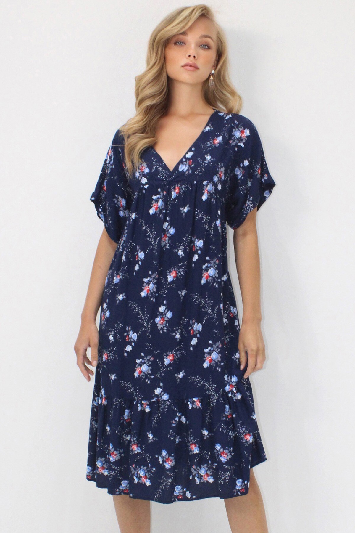 Lacivert V Yaka Double Kol Desenli Rahat Kesim Çift Cepli Dokuma Viskon Elbise