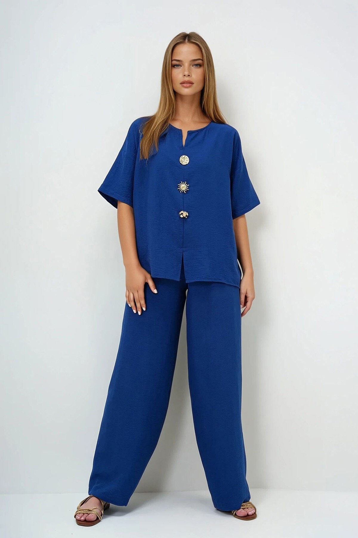 Lacivert V Yaka Metal Gold Düğme Detaylı Aerobin Bluz Ve Pantolon Alt Üst Takım