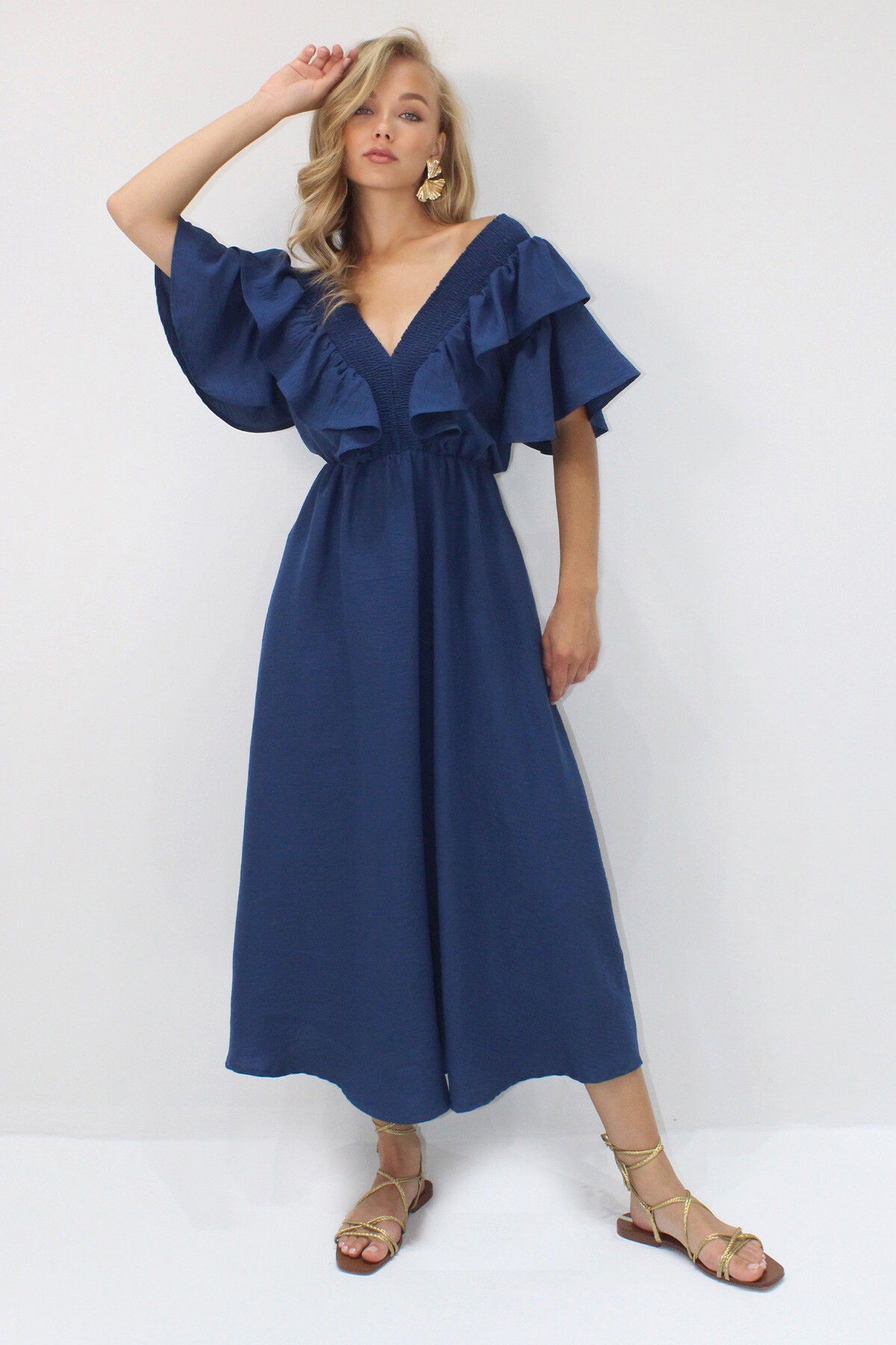 Lacivert Yakası Gipeli Ve Volanlı Beli Midiboy Dokuma Elbise