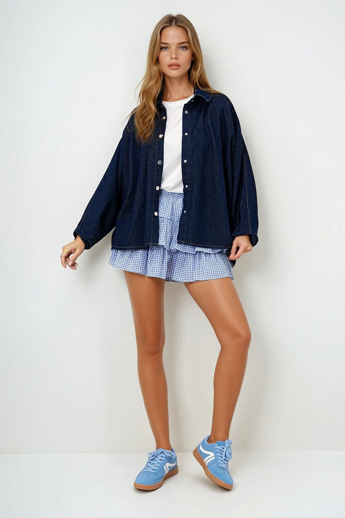 Lacivert Yarasa Kol Çıtçıt Kapamalı Oversize Jean Gömlek Ceket