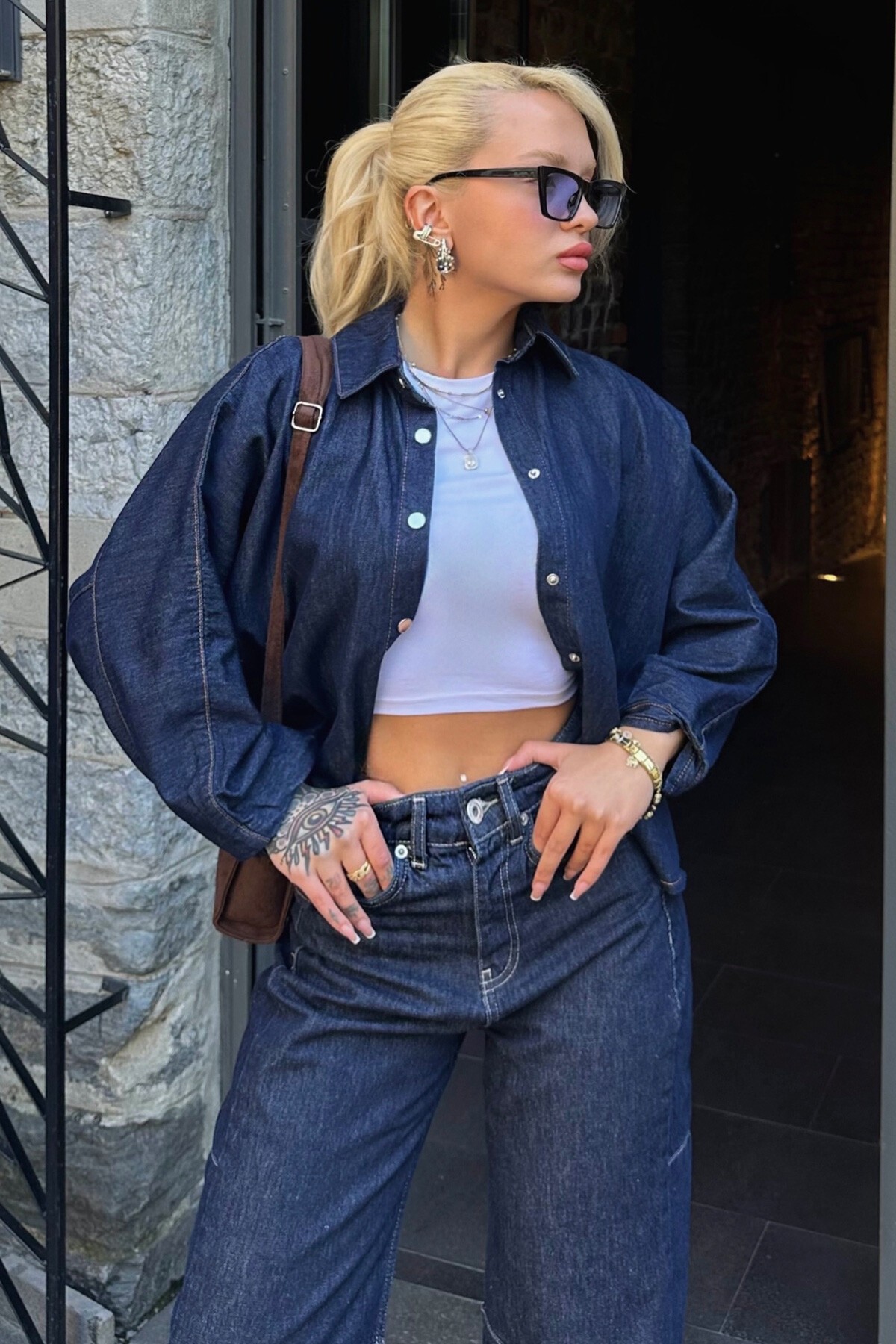 Lacivert Yarasa Kollu Patlı Oversize Gömlek Ceket