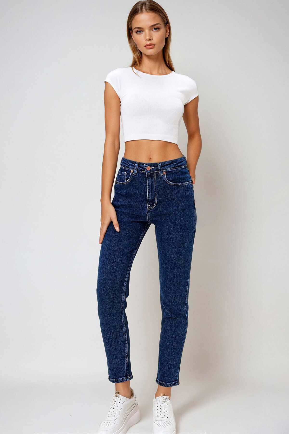 Lacivert Yüksek Bel Mom Jean