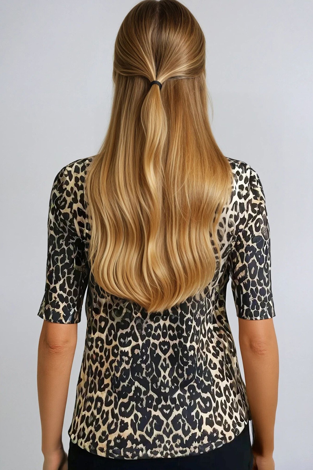 Leopar Balıkçı Yaka Yarım Kol Triko Bluz