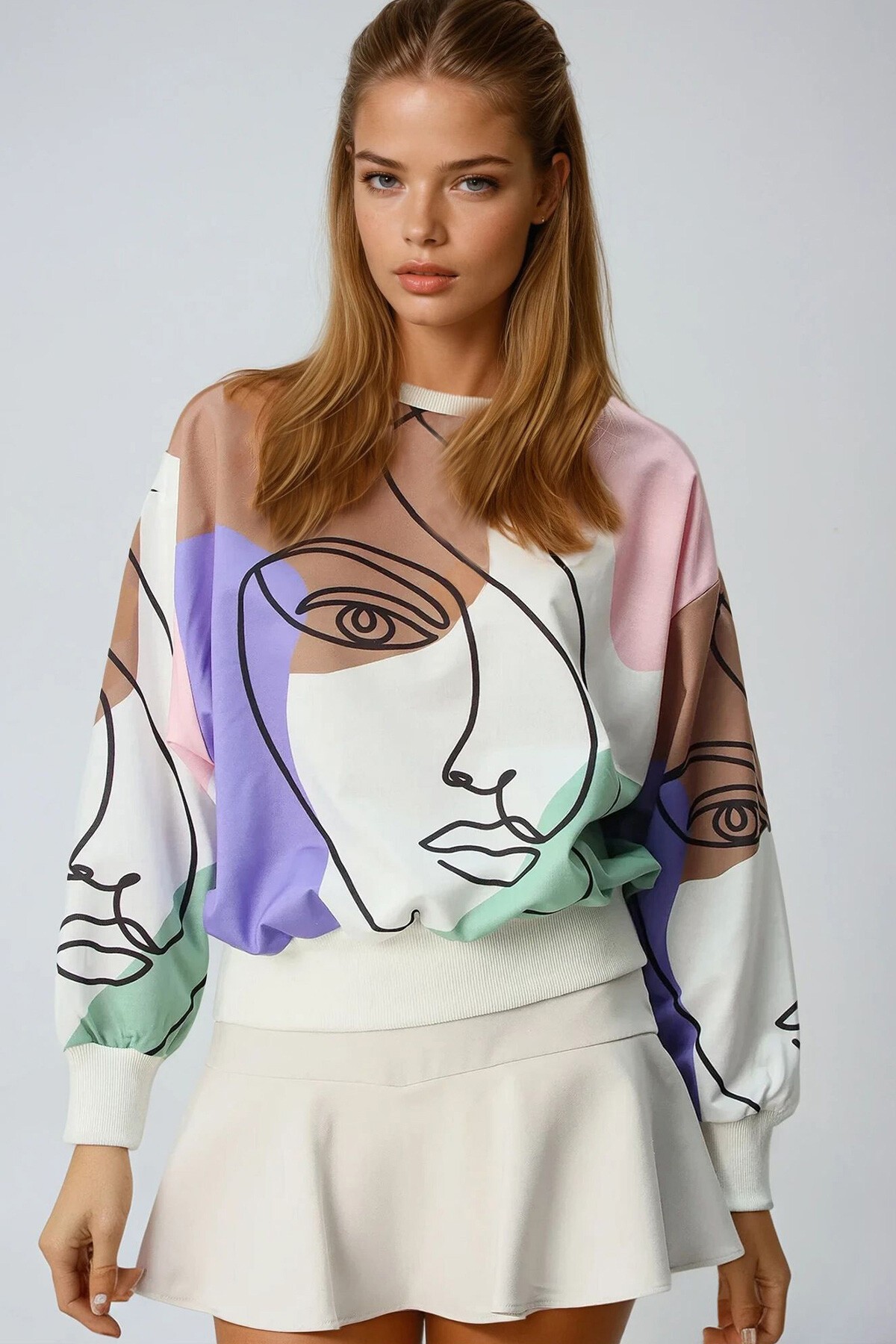 Lila Bisiklet Yaka Dijital Baskılı Sweatshirt