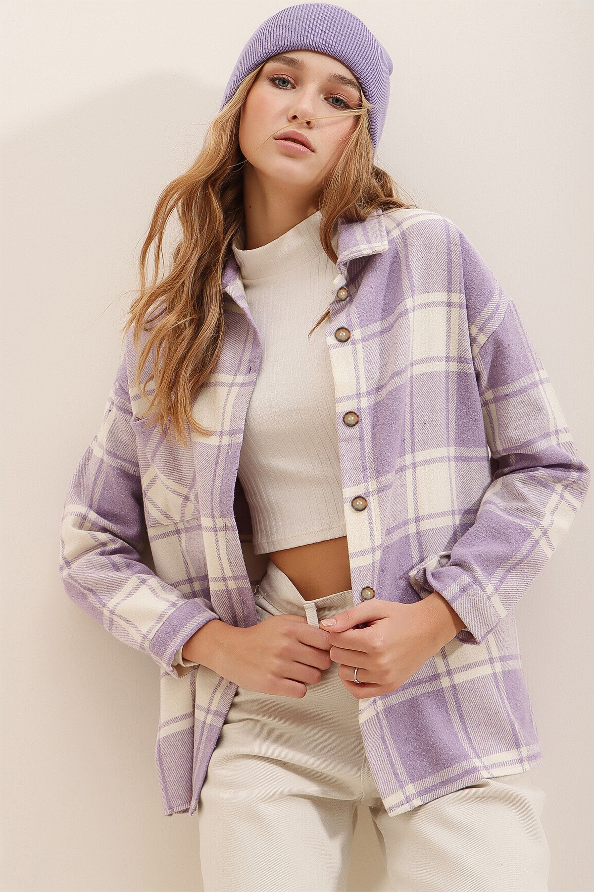 Lila Ekoseli Tek Cepli Oversize Kaşe Gömlek