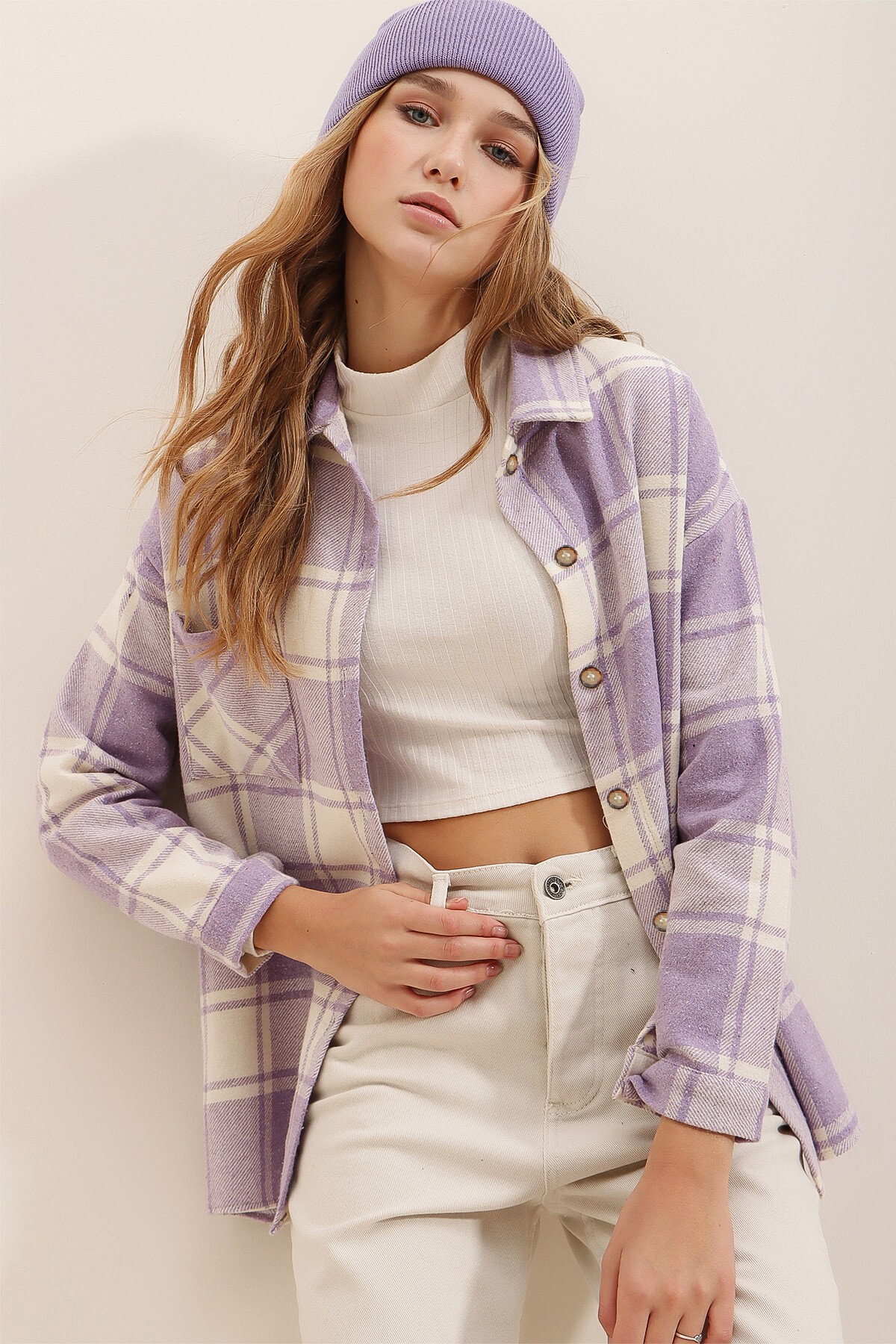 Lila Ekoseli Tek Cepli Oversize Kaşe Gömlek