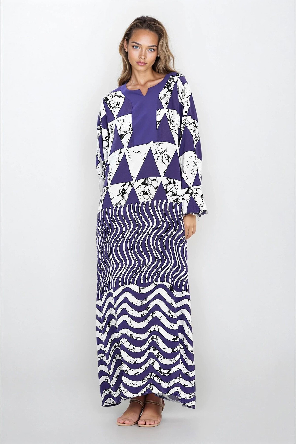 Lila Kolları Lastikli Çift Cepli Büyük Beden Elbise