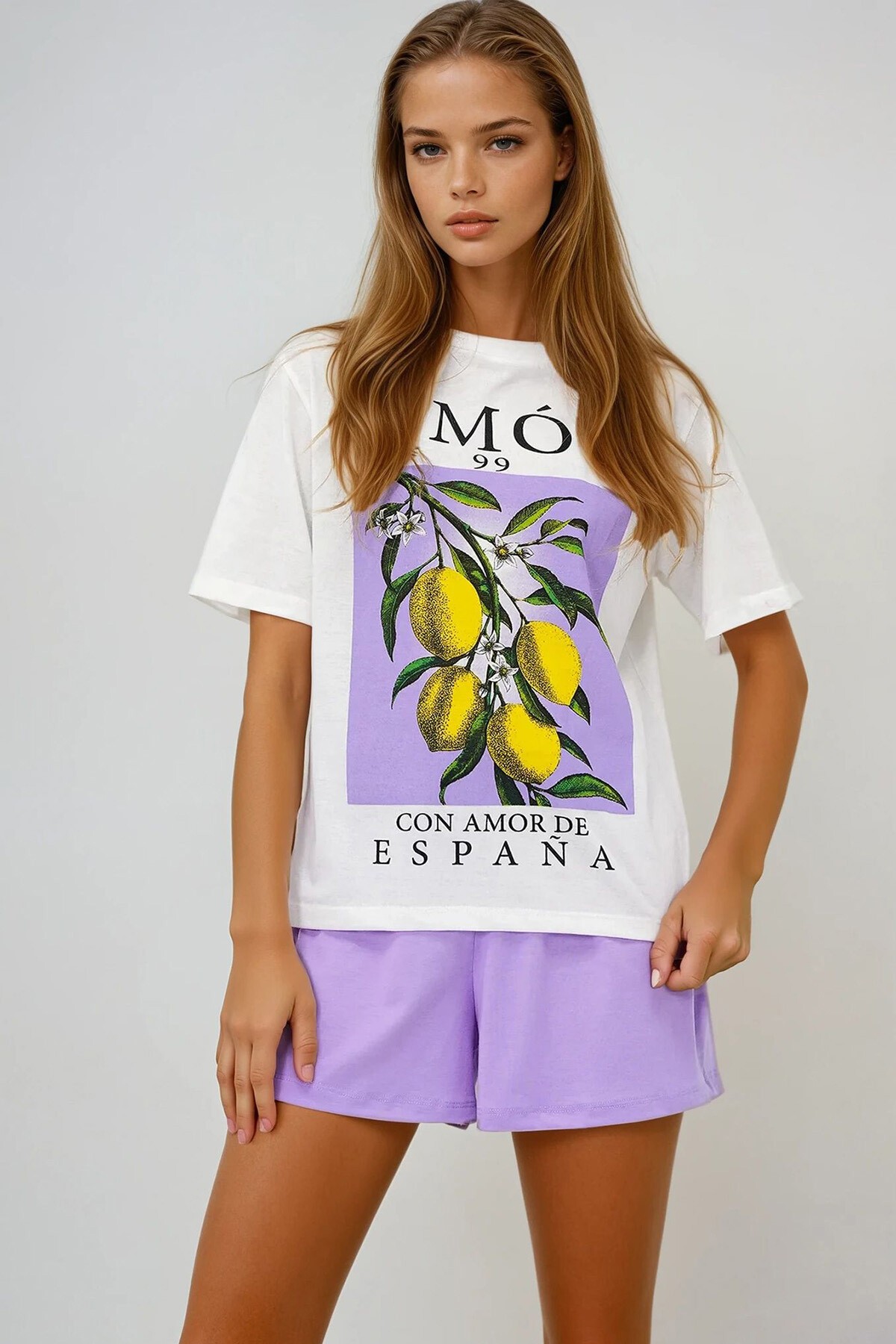 Lila Limon Baskılı Pamuklu Basic T Shırt Ve Şortlu Pijama Takımı