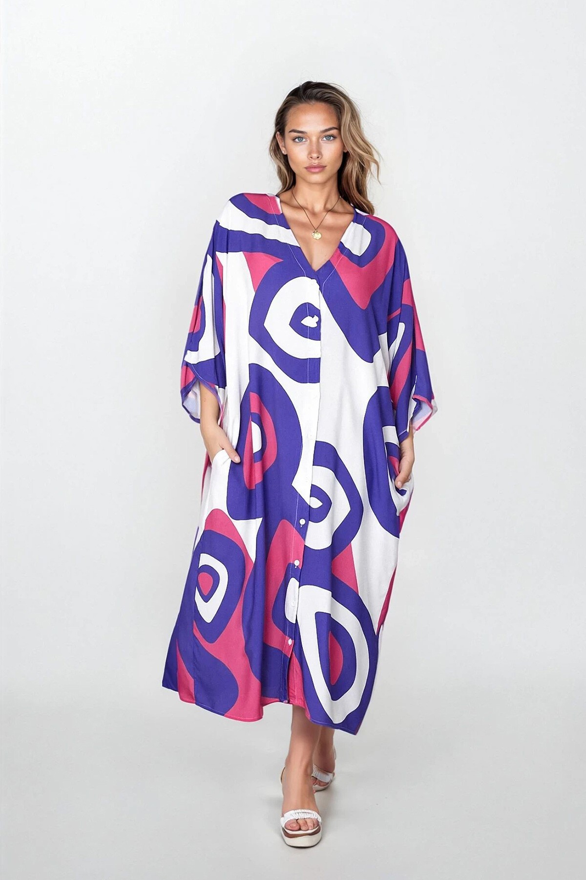 Lila Önü Düğmeli Çift Cepli Büyük Beden Viskon Elbise