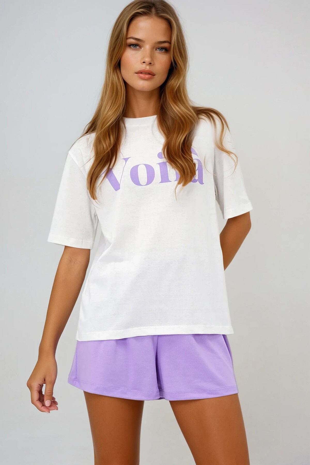 Lila Önü Yazı Baskılı Pamuklu Basic T Shırt Ve Şortlu Penye Alt Üst Takım