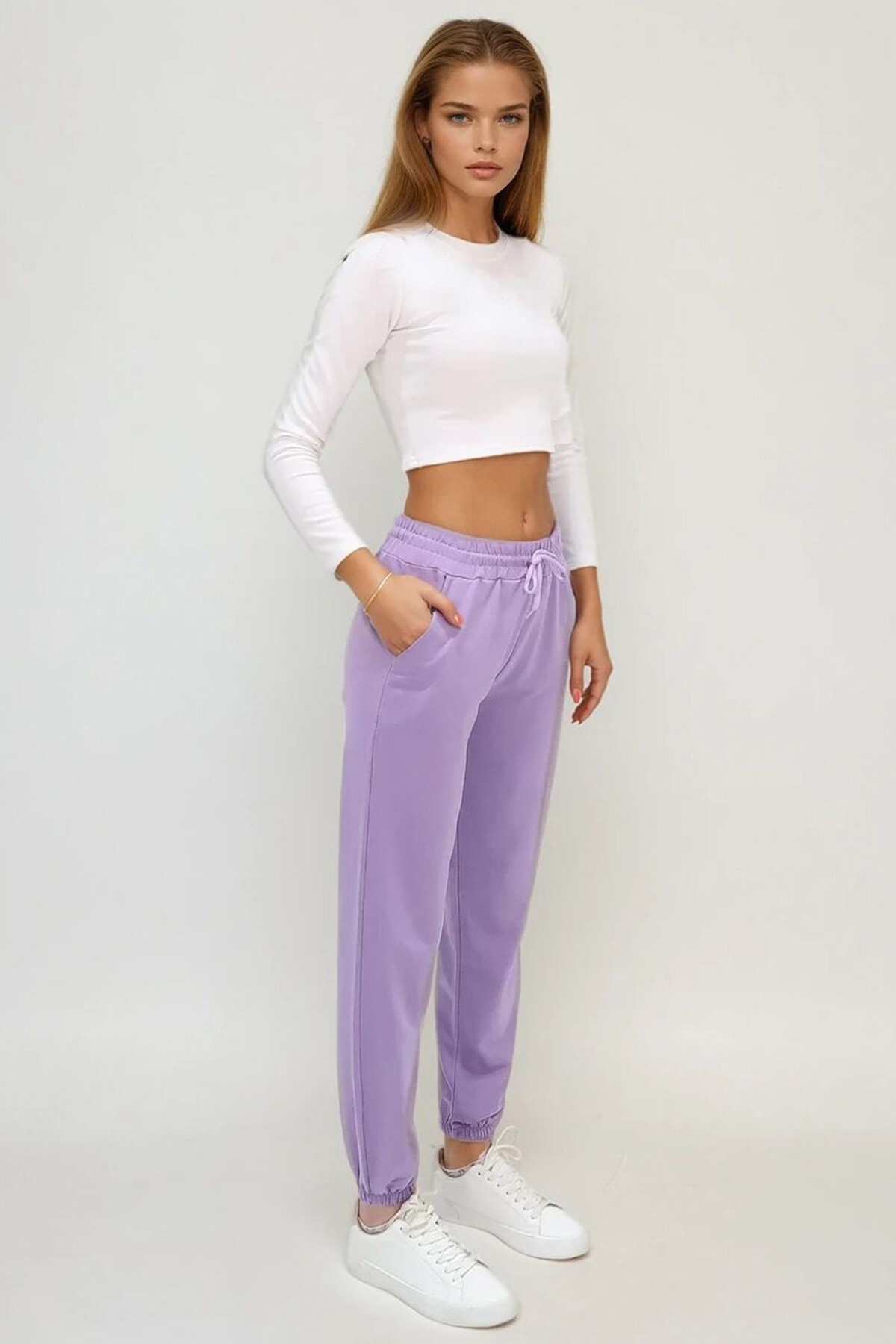 Lila Paçası Lastikli İki İplik Eşofman Altı