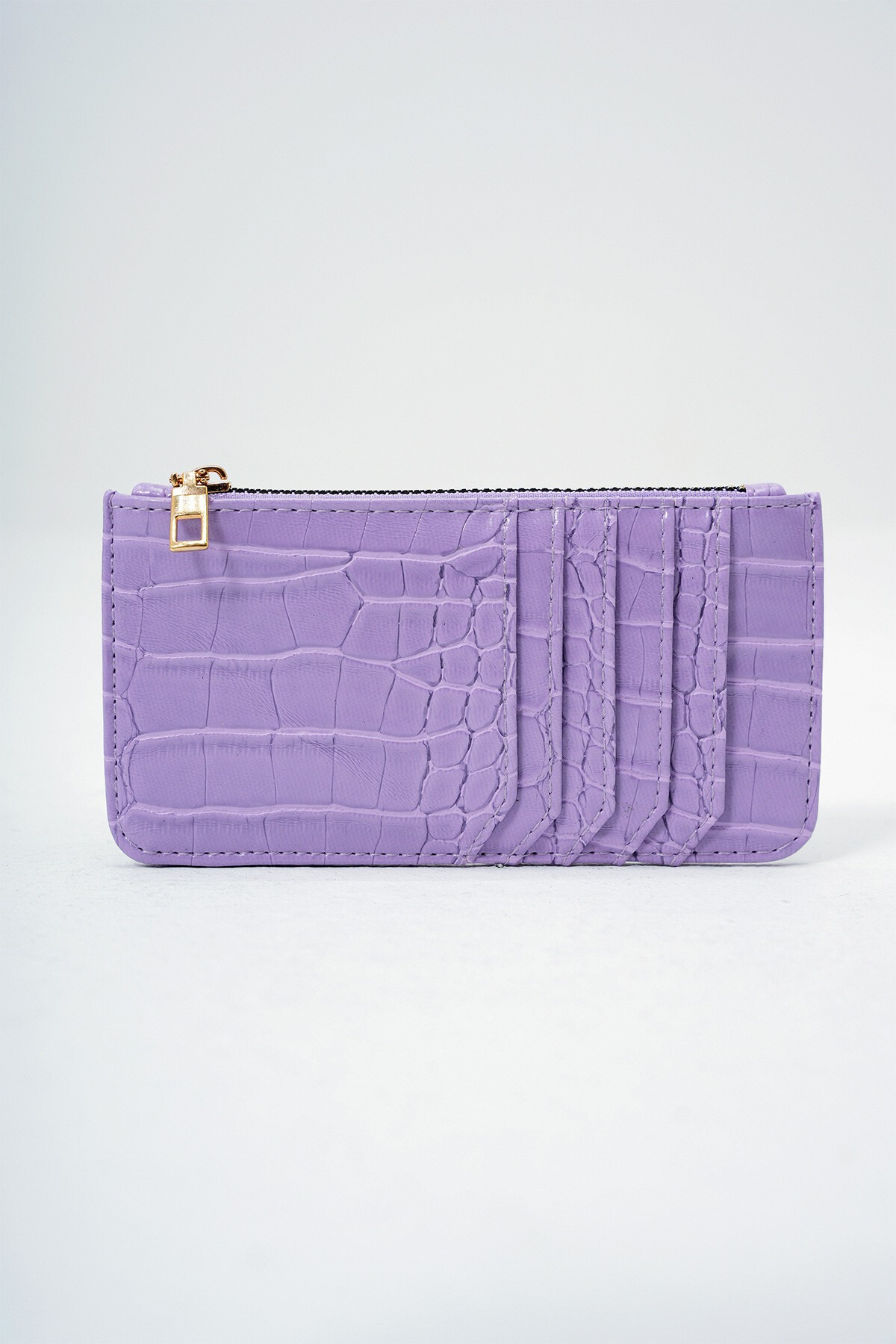 Lila Suni Deri Fermuarlı Para Bölmeli Croco Desen İnce Kartlık