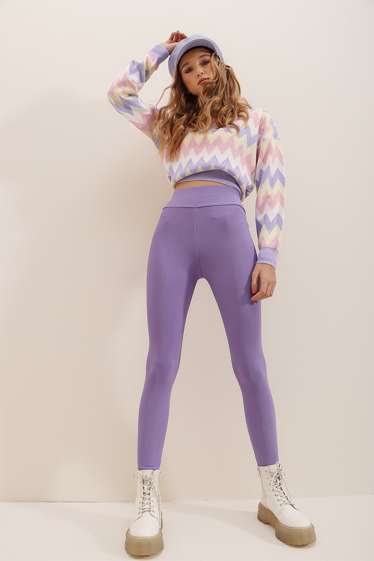 Lila Yüksek Bel Fitilli Likralı Ottoban Tayt