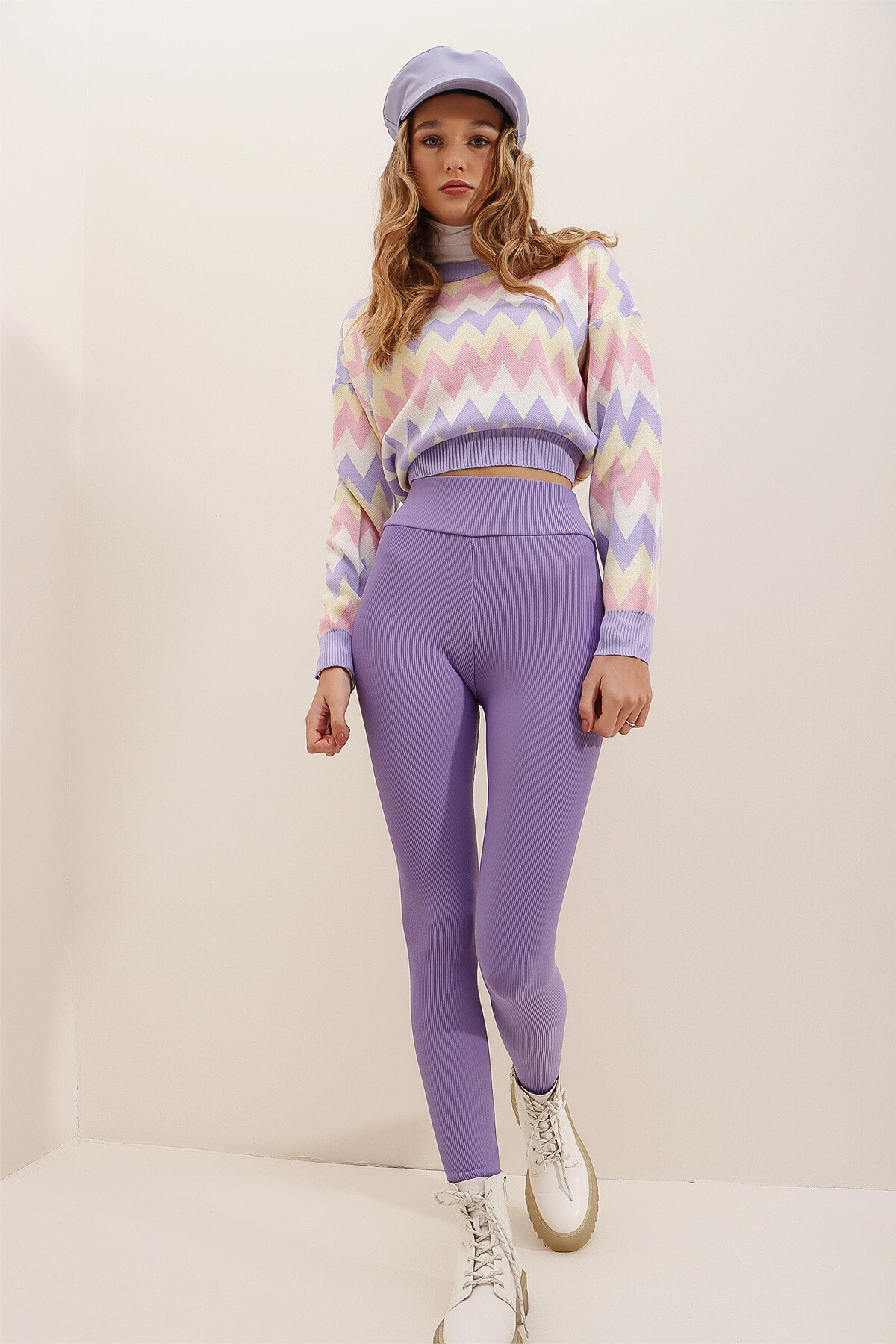 Lila Yüksek Bel Fitilli Likralı Ottoban Tayt