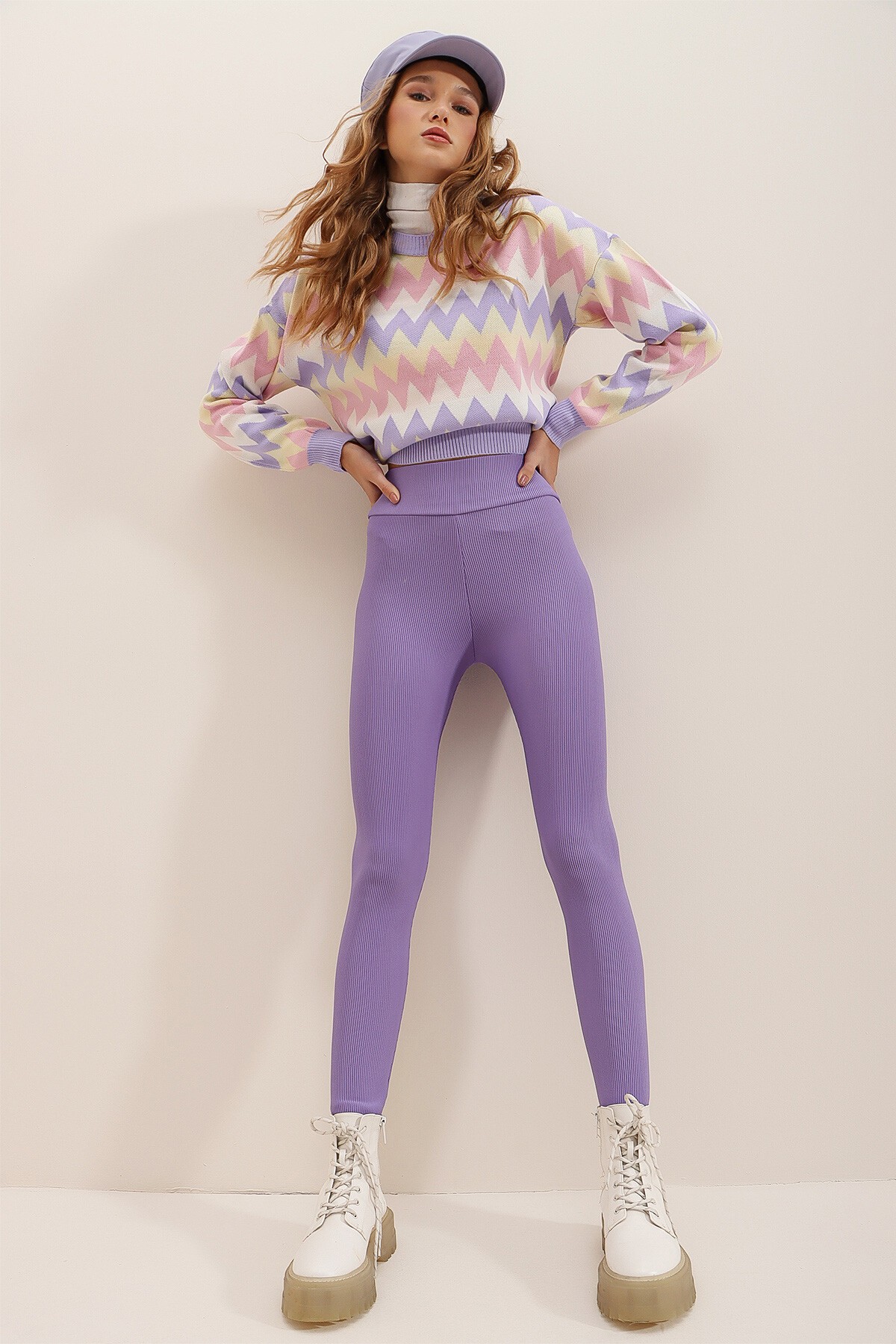 Lila Yüksek Bel Fitilli Likralı Ottoban Tayt