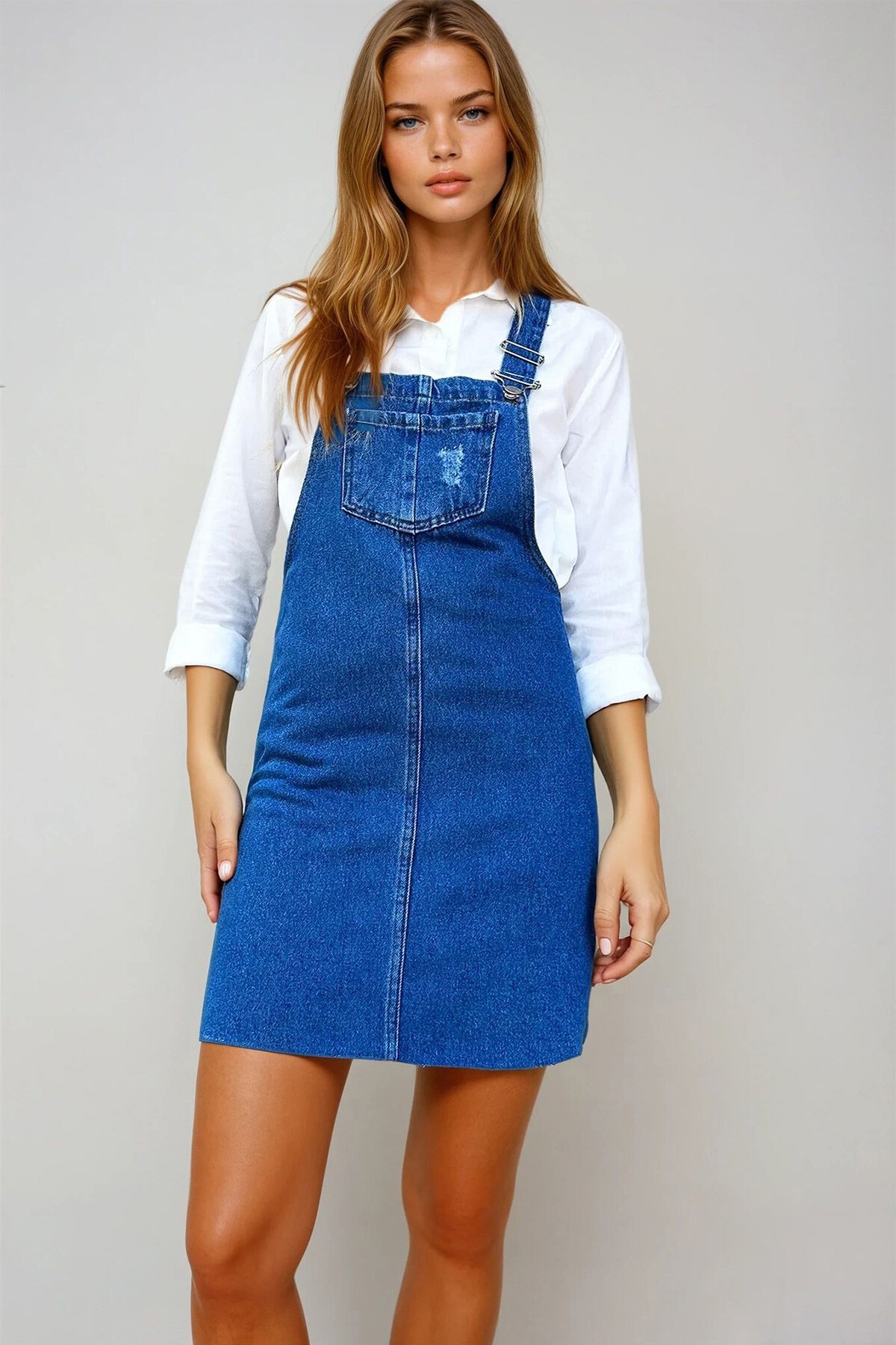 Mavi Askılı Cepli Jean Salopet