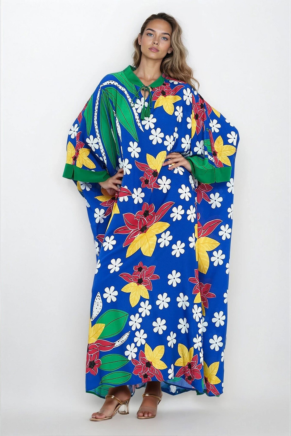 Mavi Bağlama Detaylı Yırtmaçlı Büyük Beden Viskon Elbise