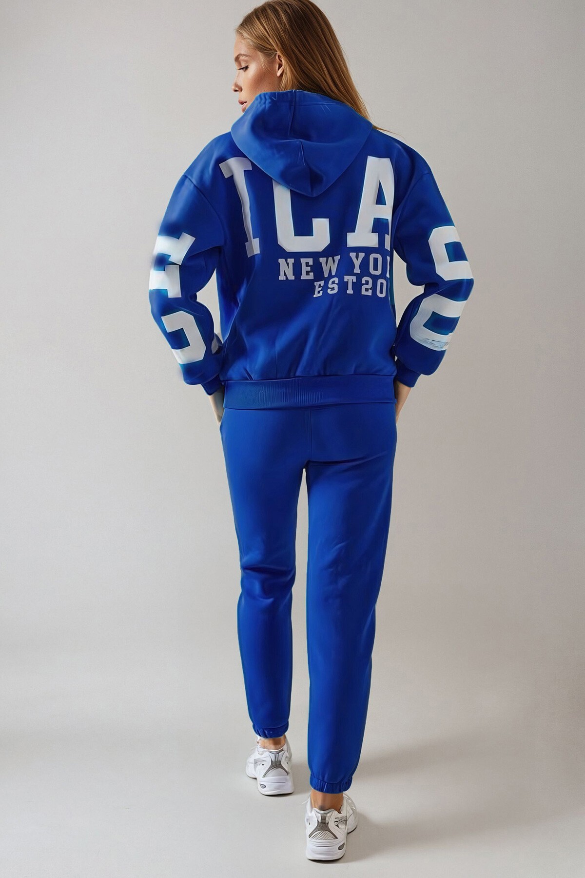 Mavi Baskılı 3 İplik Kışlık Eşofman Takımı