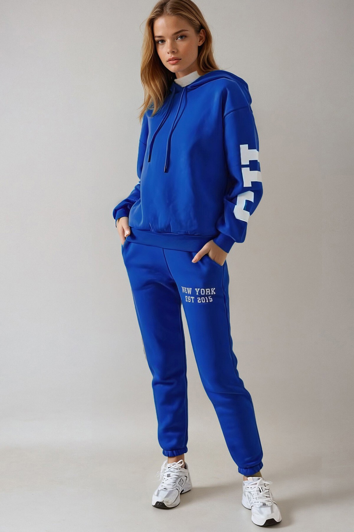 Mavi Baskılı 3 İplik Kışlık Eşofman Takımı