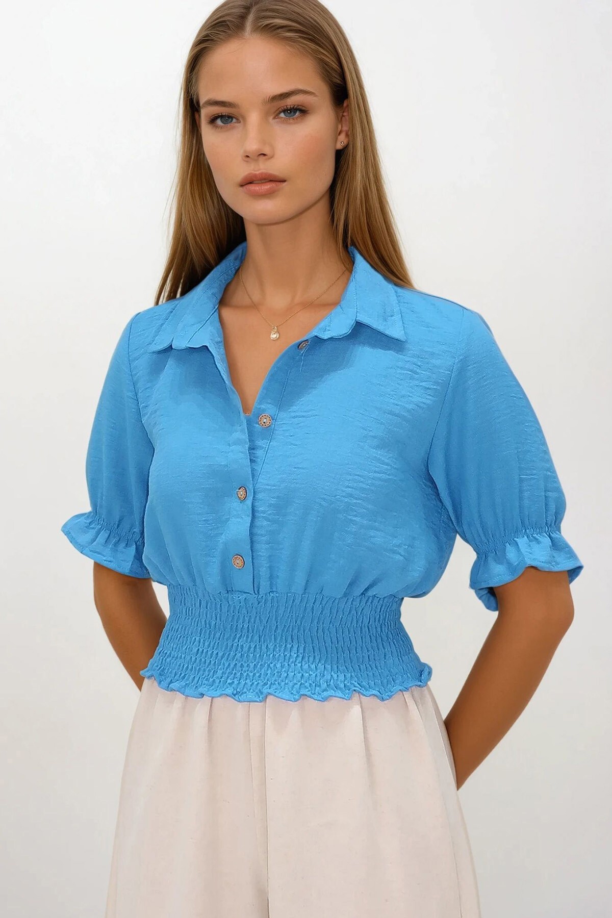 Mavi Beli Lastikli Düğme Kapamalı Gömlek Yaka Bluz