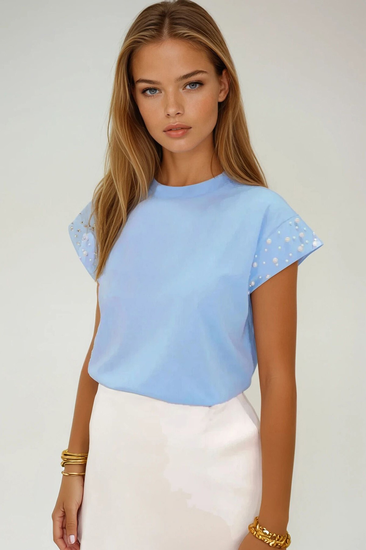 Mavi Bisiklet Yaka İnci Çakımlı Kolsuz  Bluz