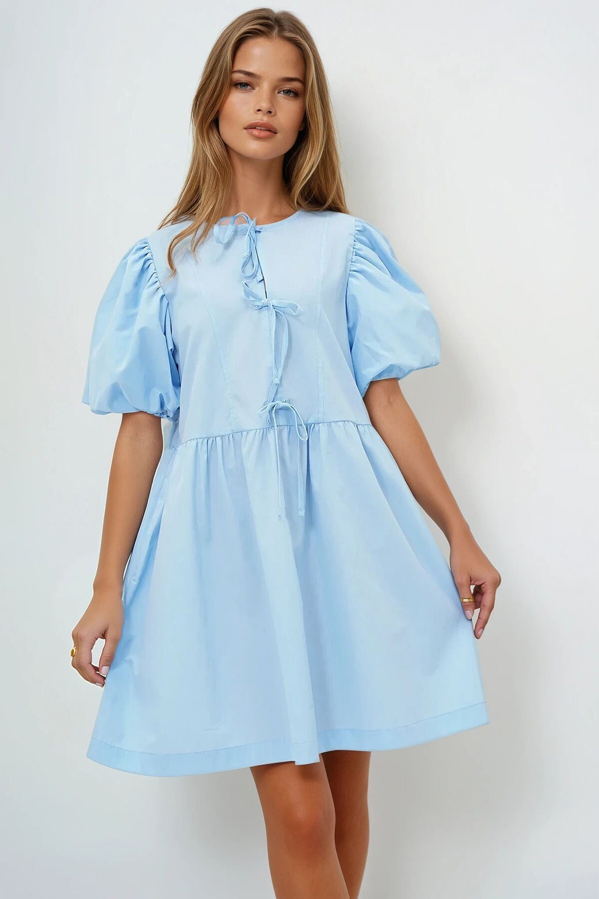 Mavi Bisiklet Yaka Önden Bağlamalı Balon Kol Poplin Yazlık Elbise