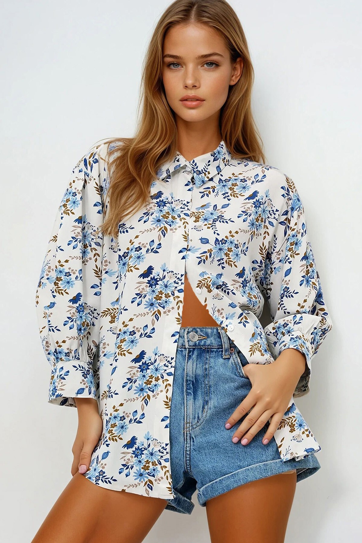 Mavi Çiçekli Balon Kol Desenli Baskılı Viscon Dokuma Gömlek
