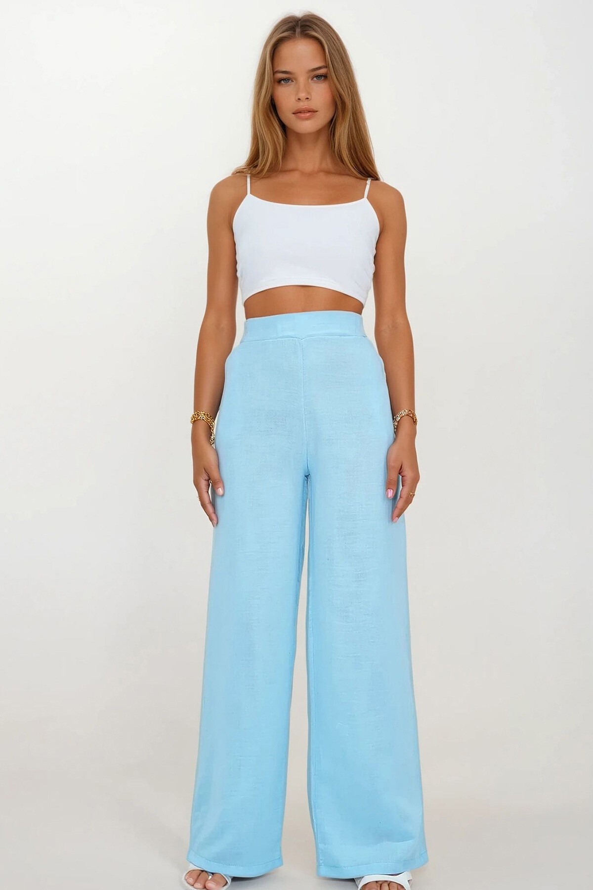 Mavi Çift Cepli Beli Lastikli Müslin Palazzo Pantolon