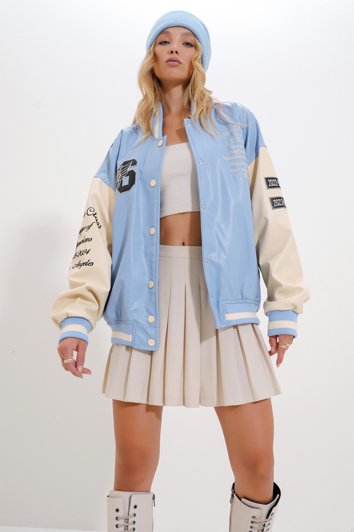 Mavi Çift Cepli Çıtçıt Kapamalı Oversize Bomber Ceket