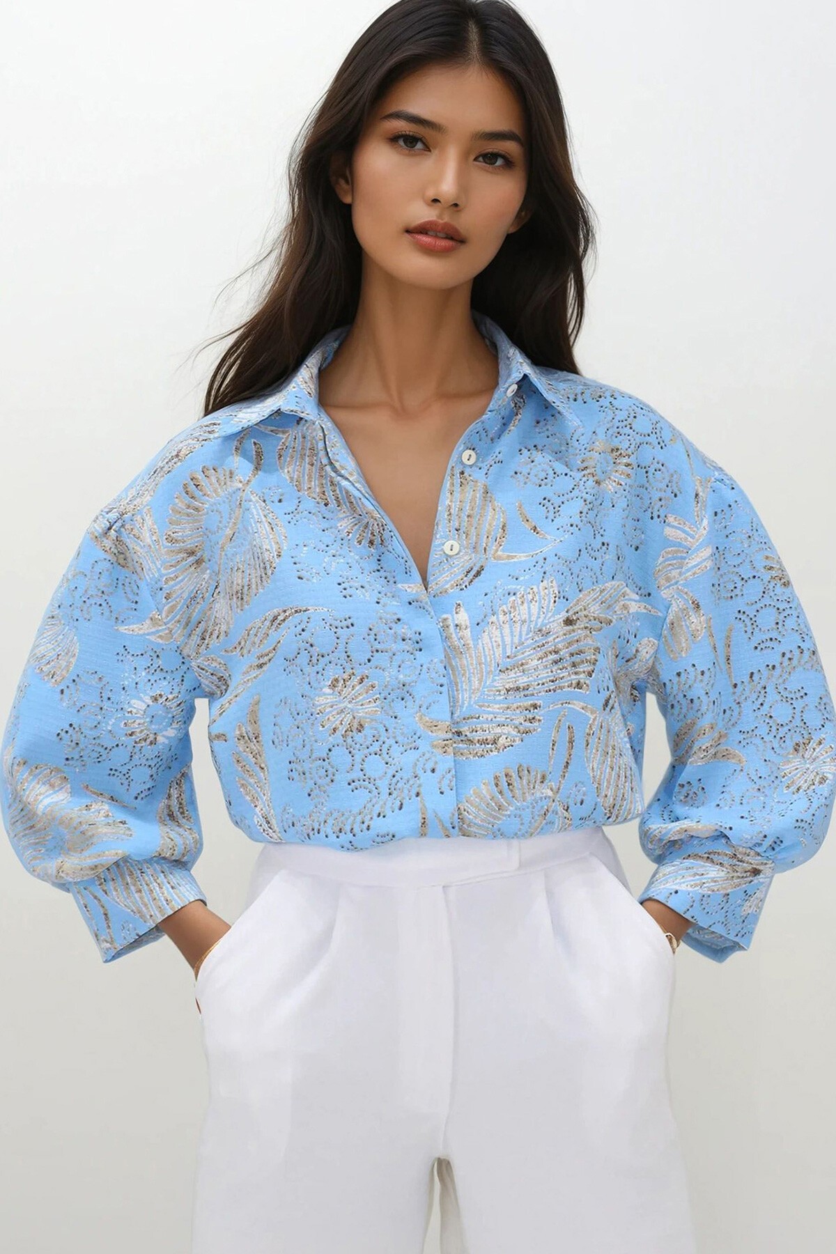 Mavi Desenli Balon Kol Gizli Patlı Gömlek
