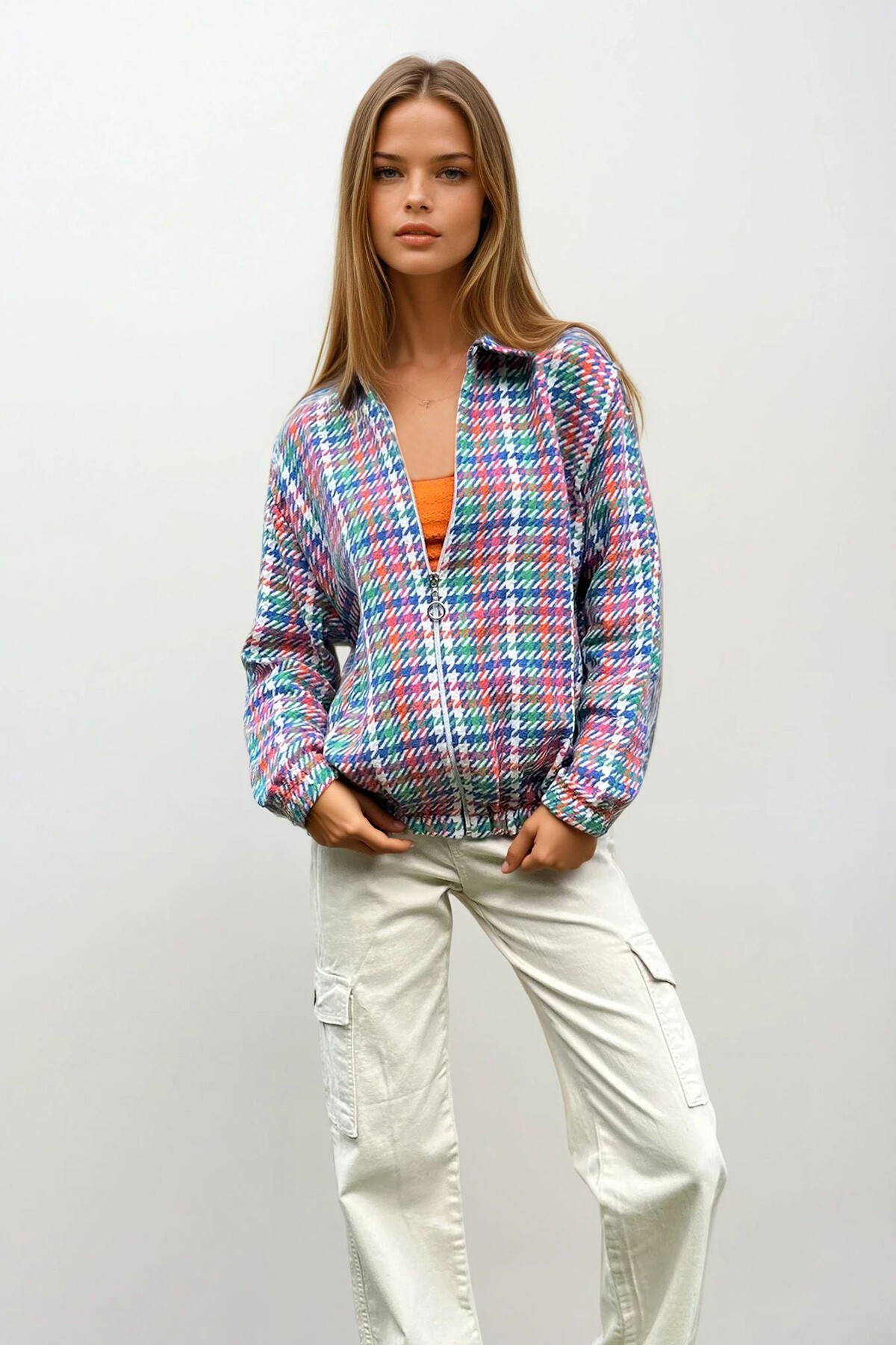 Mavi Desenli Fermuarlı Beli Lastikli Mevsimlik Bomber Ceket