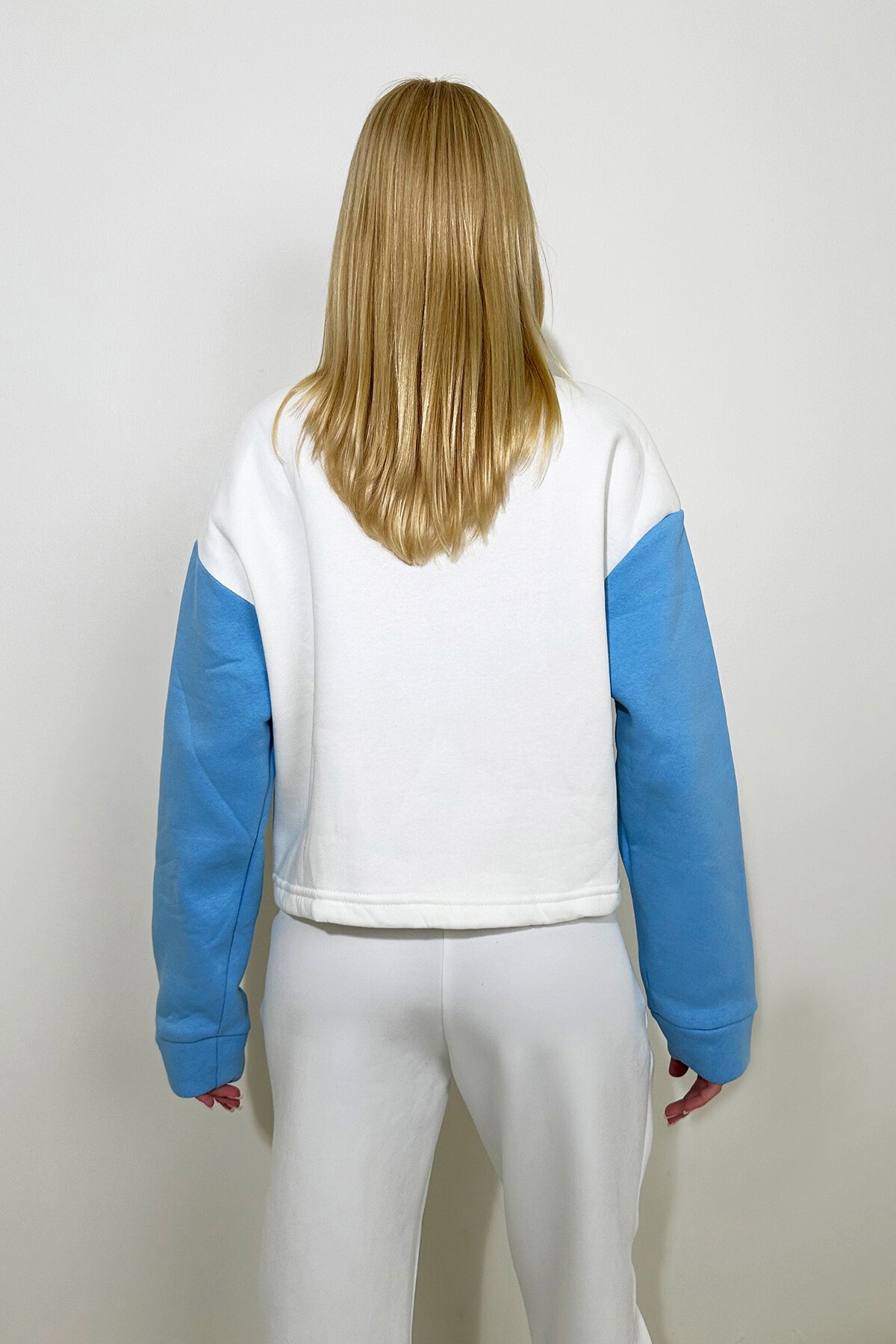 Mavi Dik Yaka Yarım Fermuarlı Renk Bloklu Sweatshirt