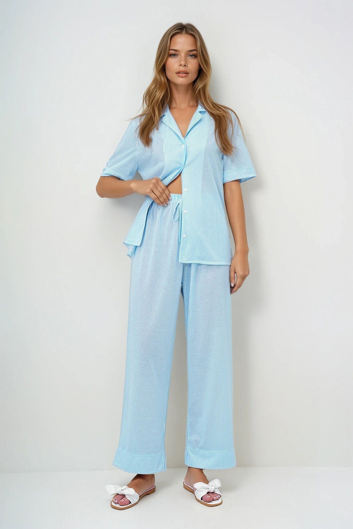 Mavi Duble Kol Ve Paça Detaylı Çizgili Gömlek Ve Pantolonlu Pijama Takımı