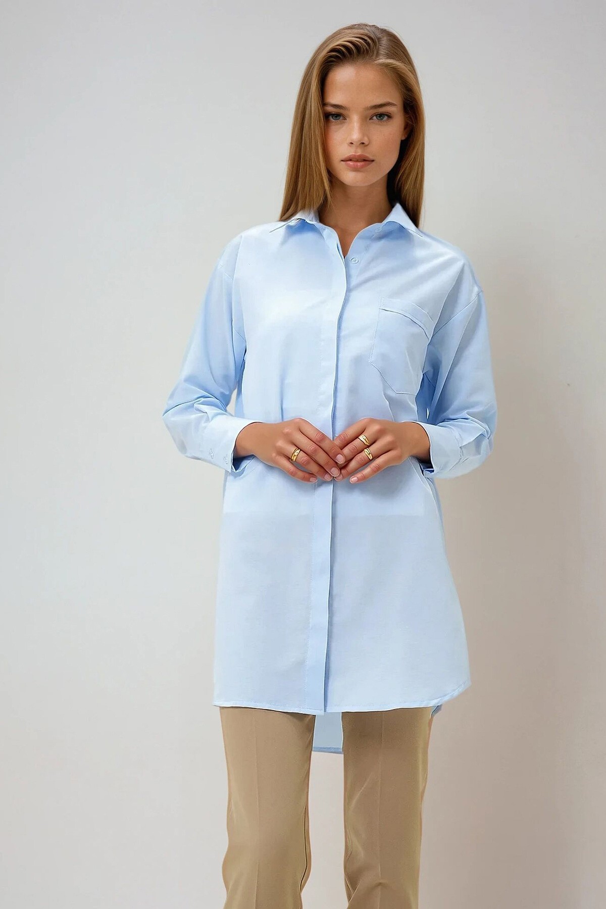 Mavi Gizli Pat Tek Cepli Uzun Kol Poplin Gömlek