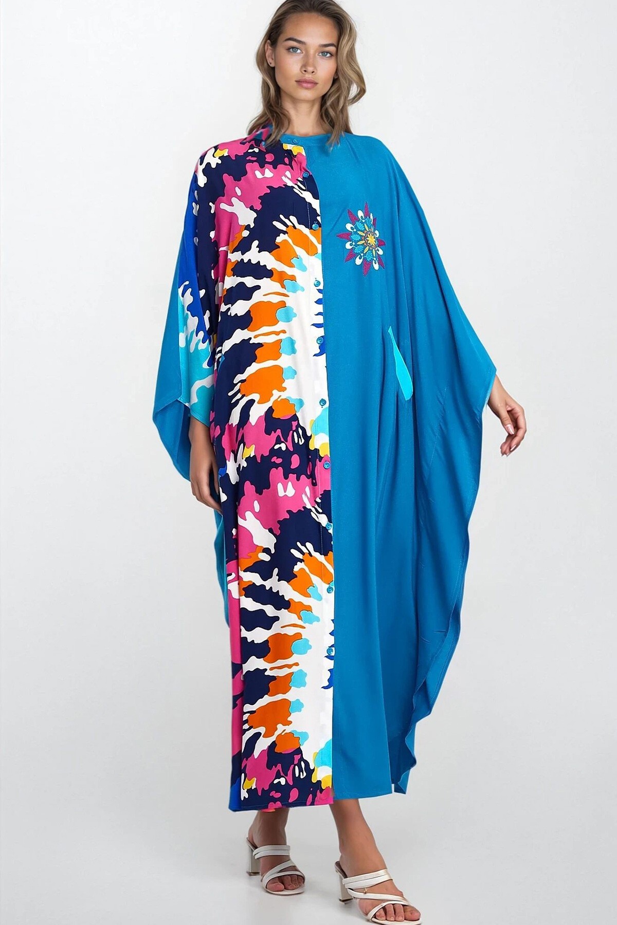 Mavi Hakim Yaka Önü Düğmeli Tek Cepli Büyük Beden Viskon Elbise