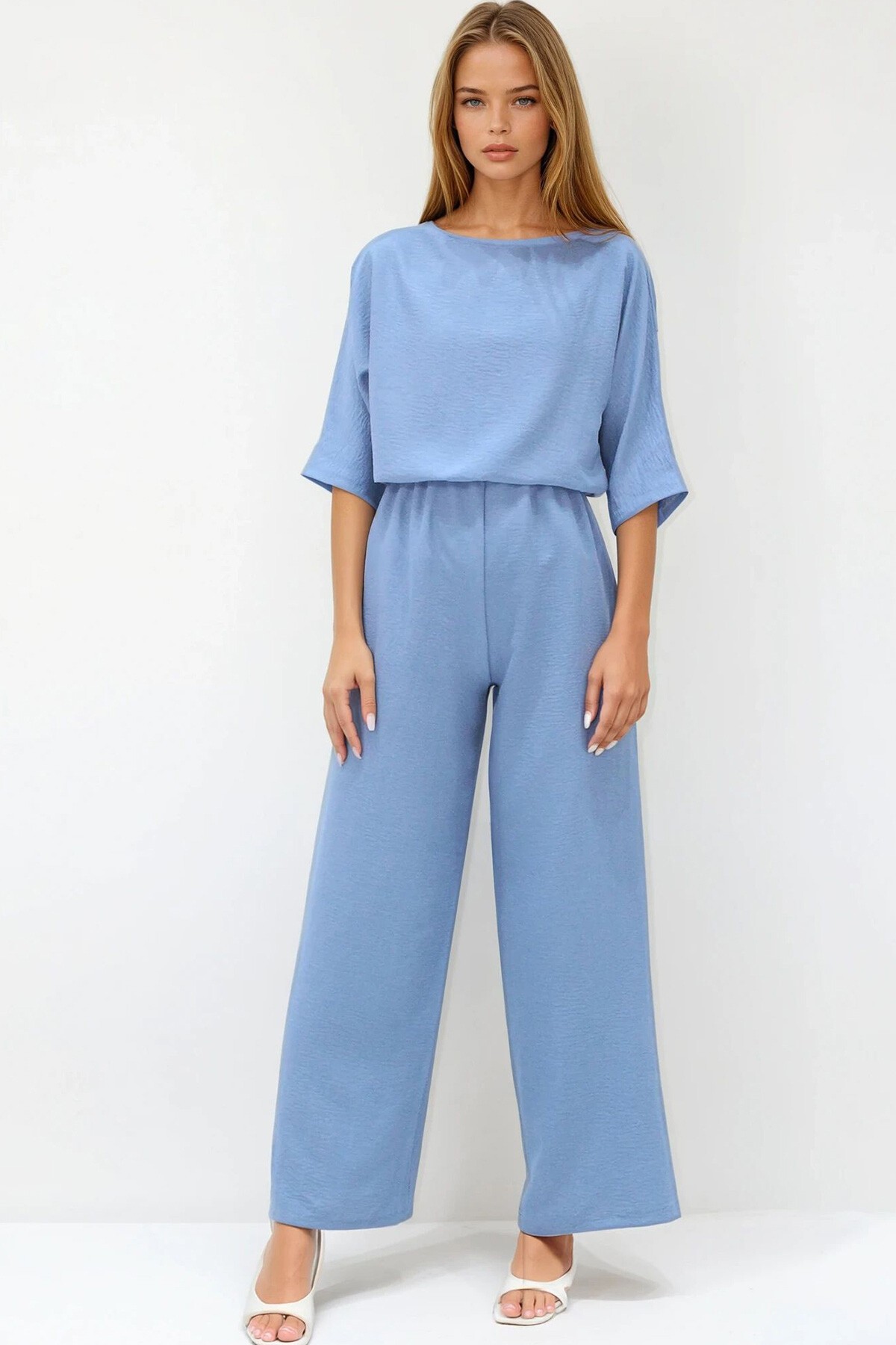 Mavi Kayık Yaka Bluz Ve Pantolon Aerobin Takım
