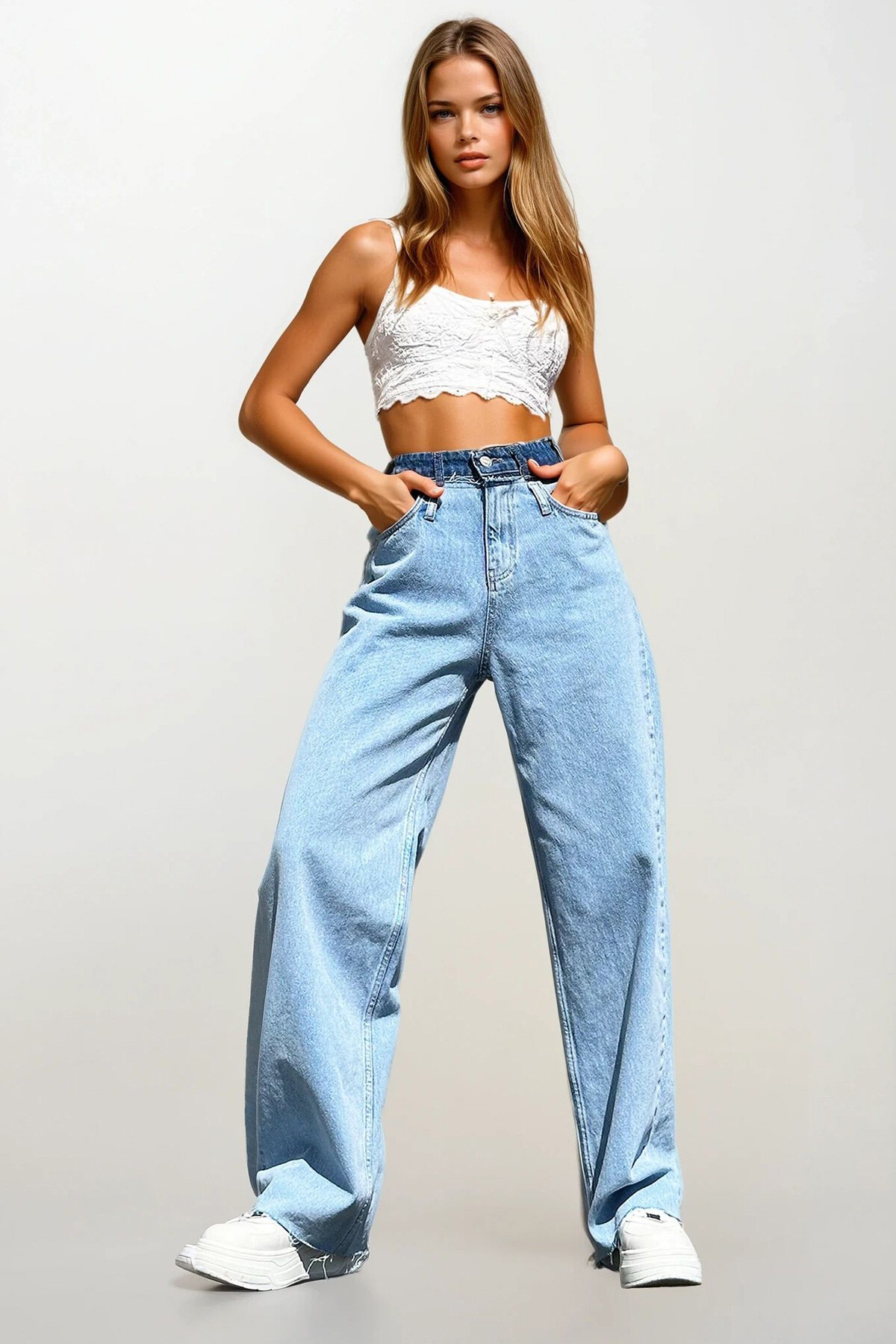 Mavi Kemeri Degradeli Kar Yıkamalı Palazzo Jean Pantolon