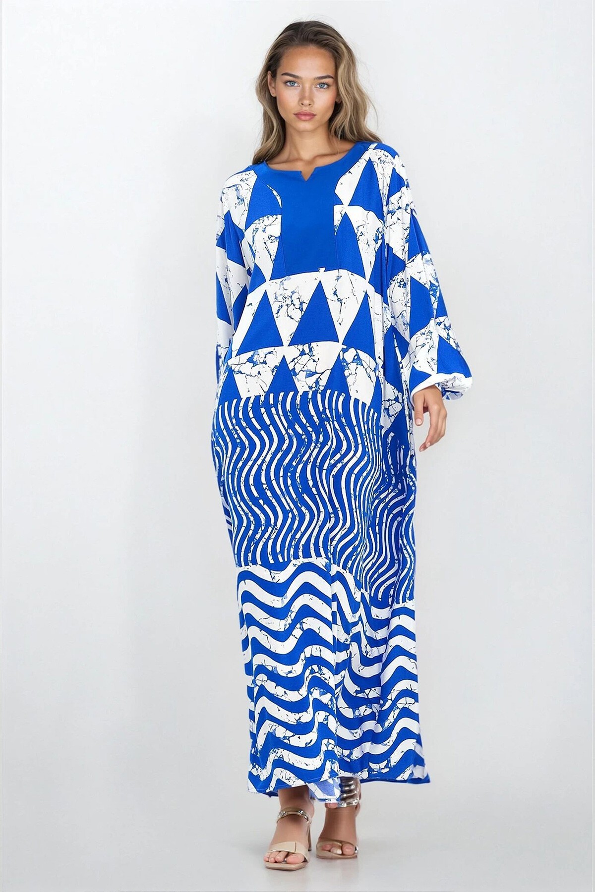 Mavi Kolları Lastikli Çift Cepli Büyük Beden Elbise