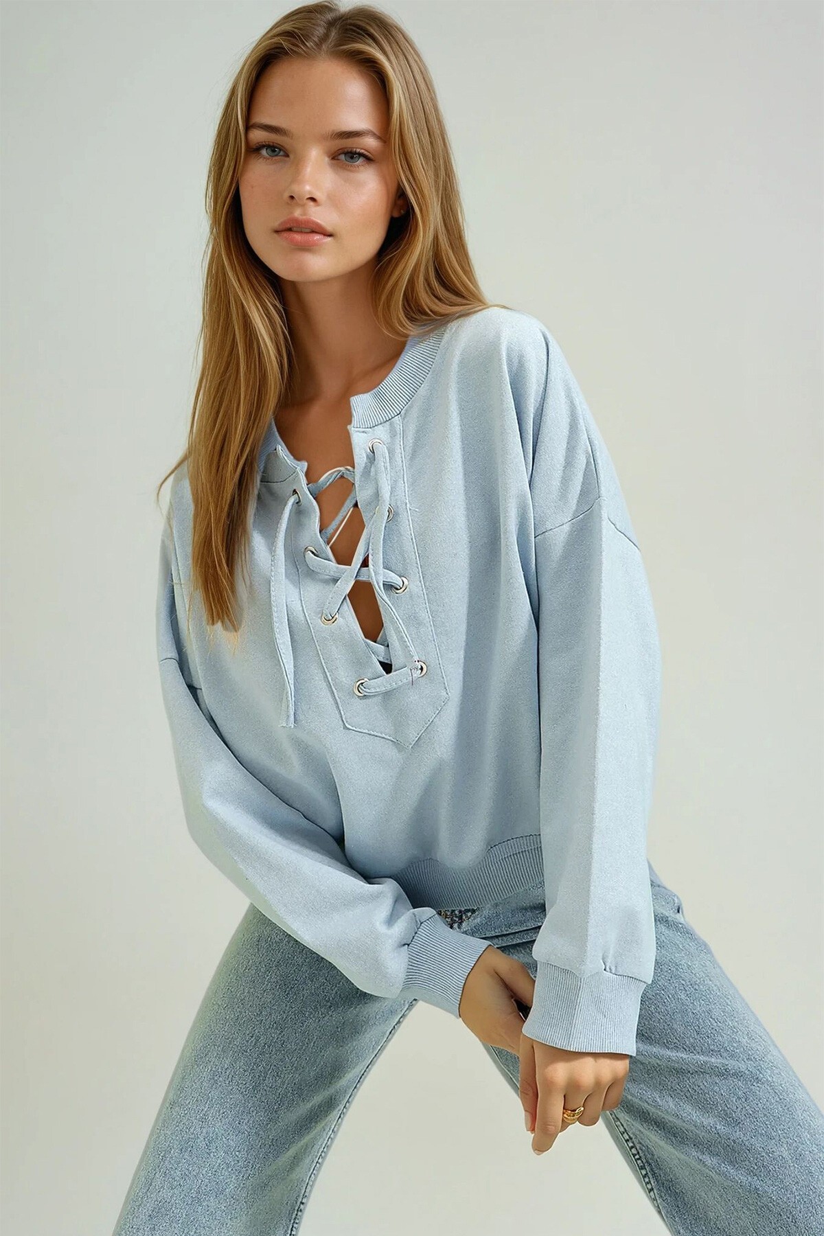 Mavi Önü Bağcıklı Oversıze Sweatshirt