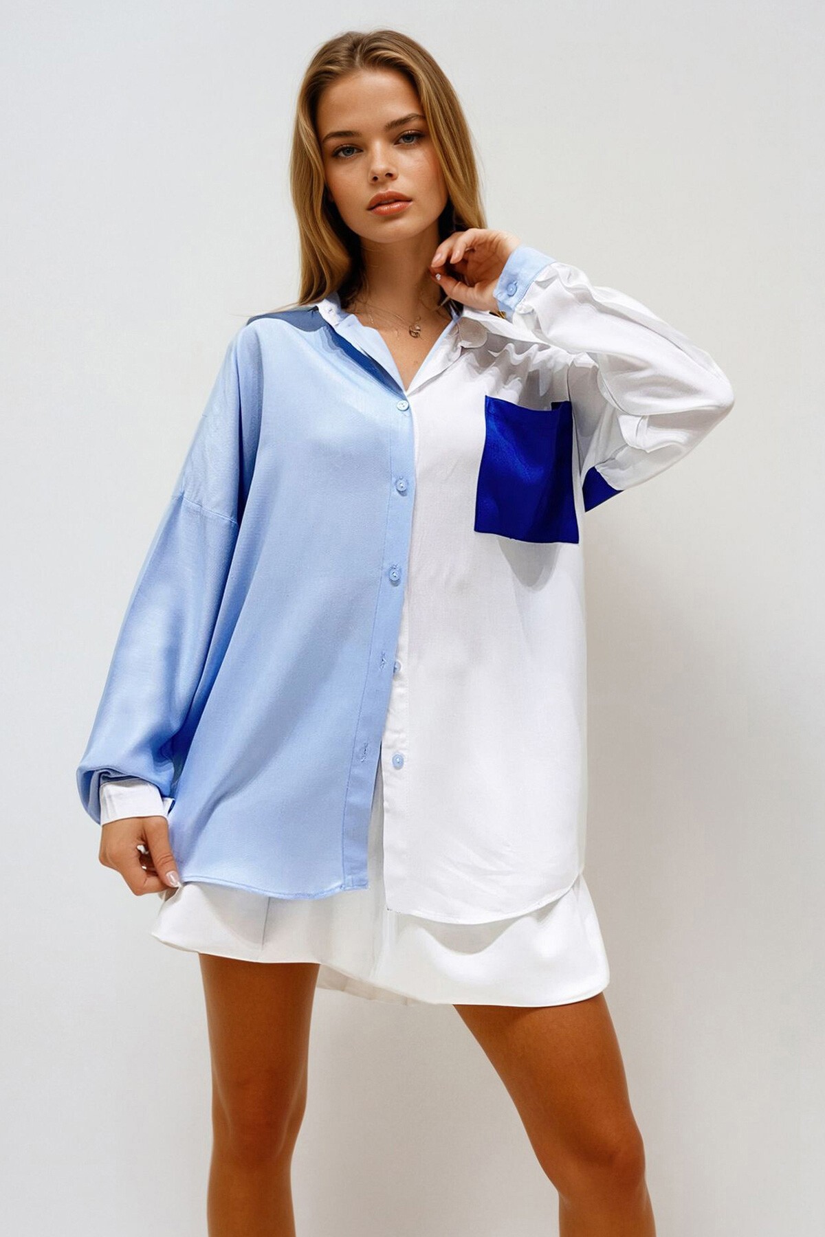 Mavi Tek Cepli 3 Renk Bloklu Dokuma Viscon Gömlek