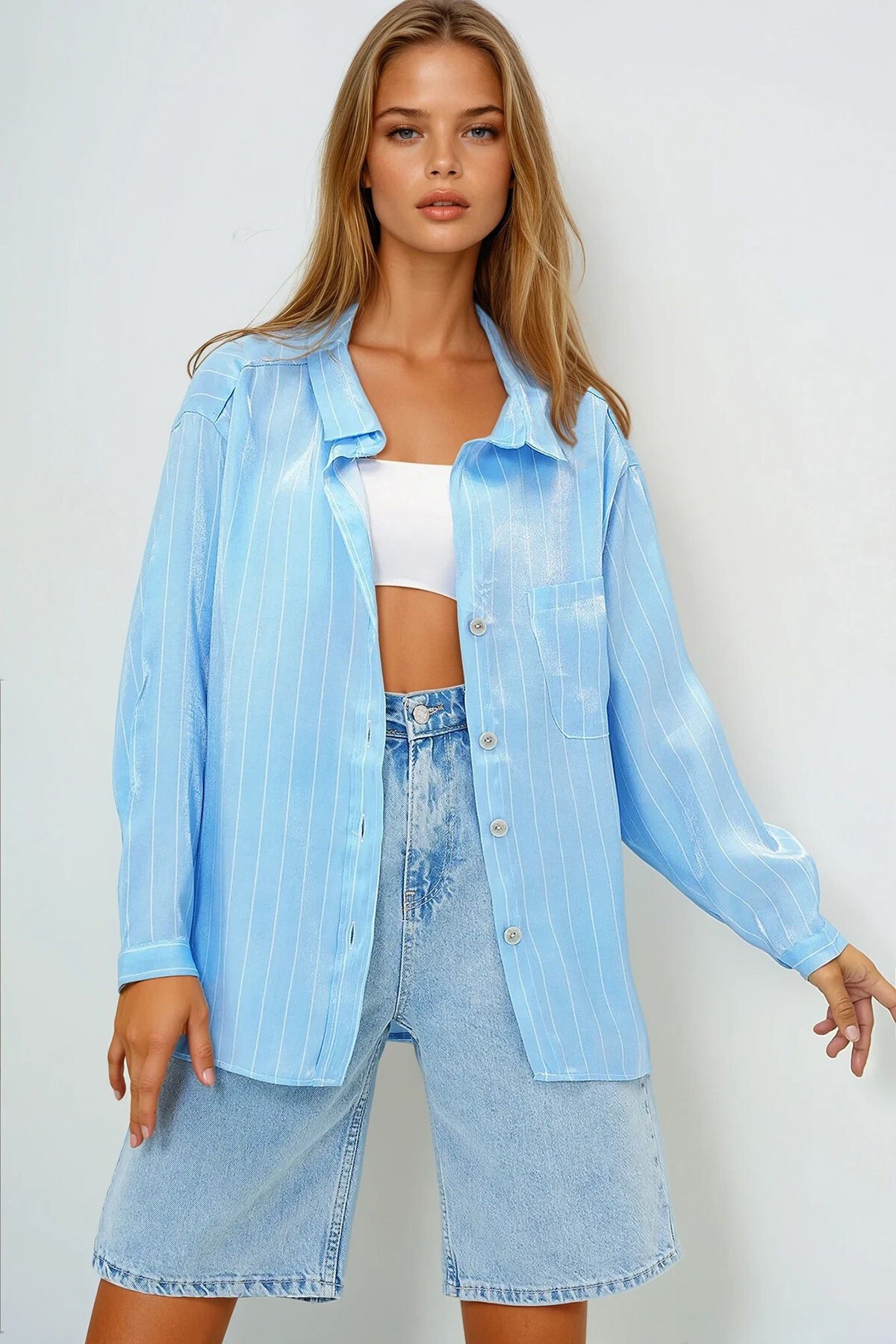 Mavi Tek Cepli Oversize Saten Gömlek