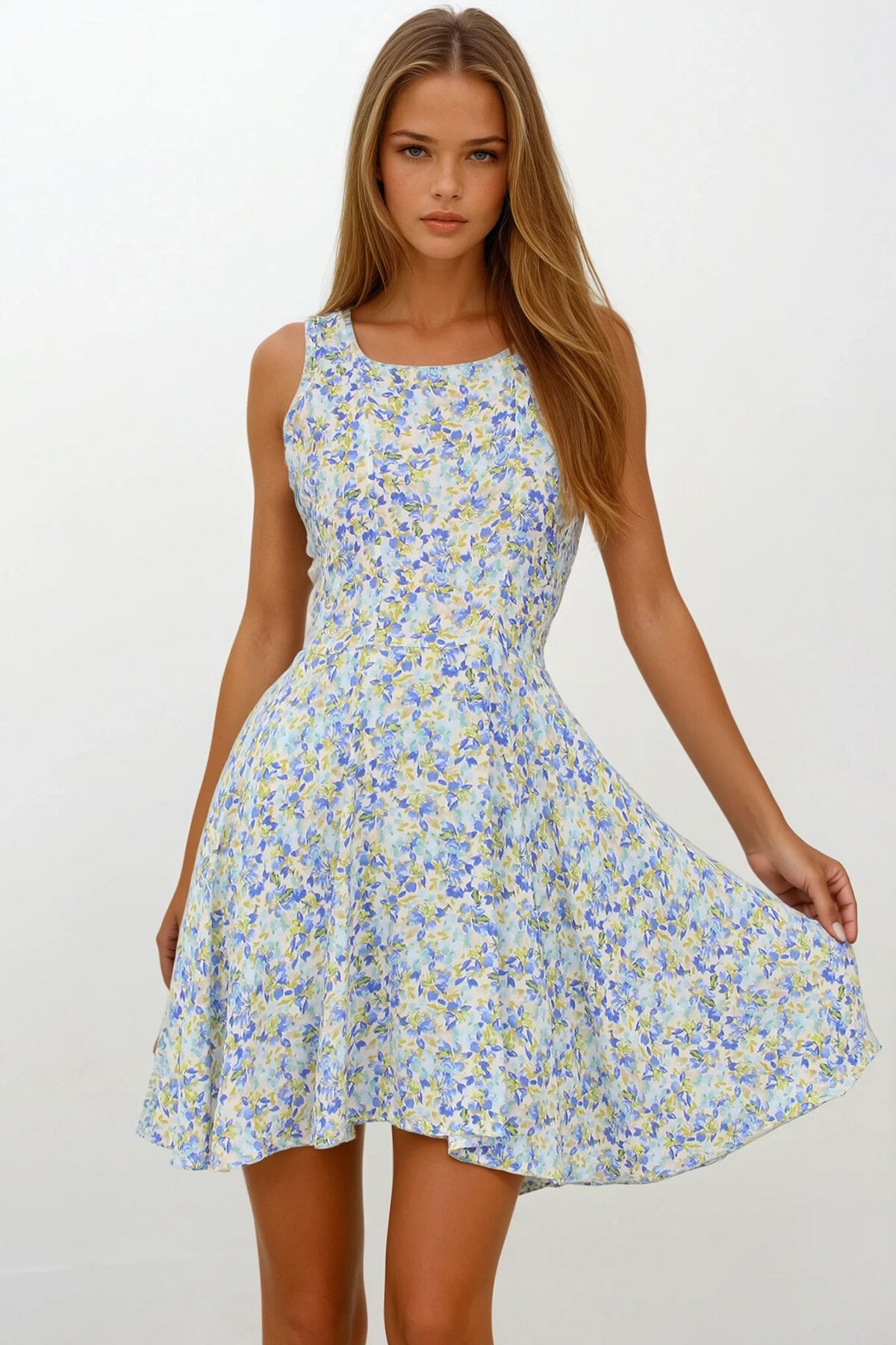 Mavi U Yaka Fermuar Kapamalı Pileli Şortlu Elbise