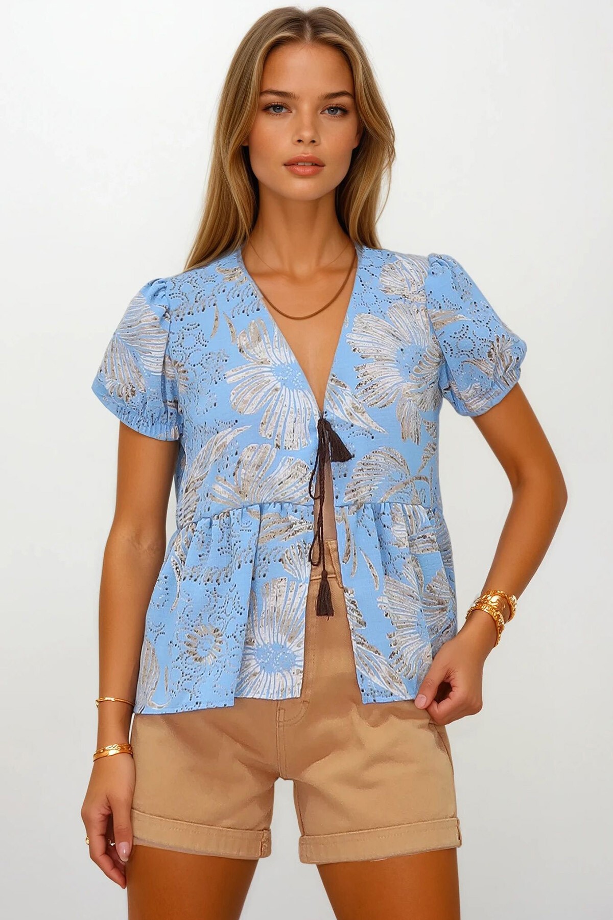 Mavi V Yaka Karpuz Kol Desenli Eteği Volanlı Dokuma Bluz