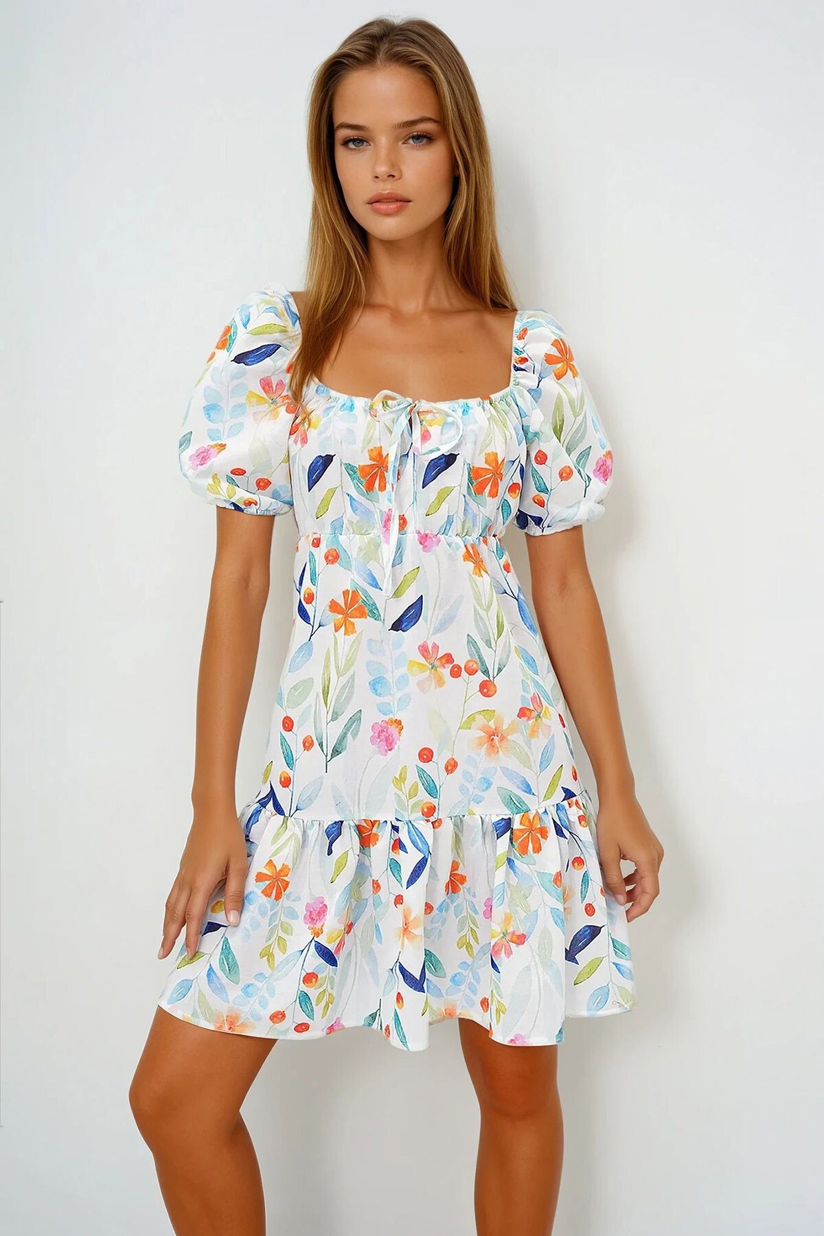 Mavi Yeşil Madonna Yaka Balon Kol Çiçek Desenli Elbise