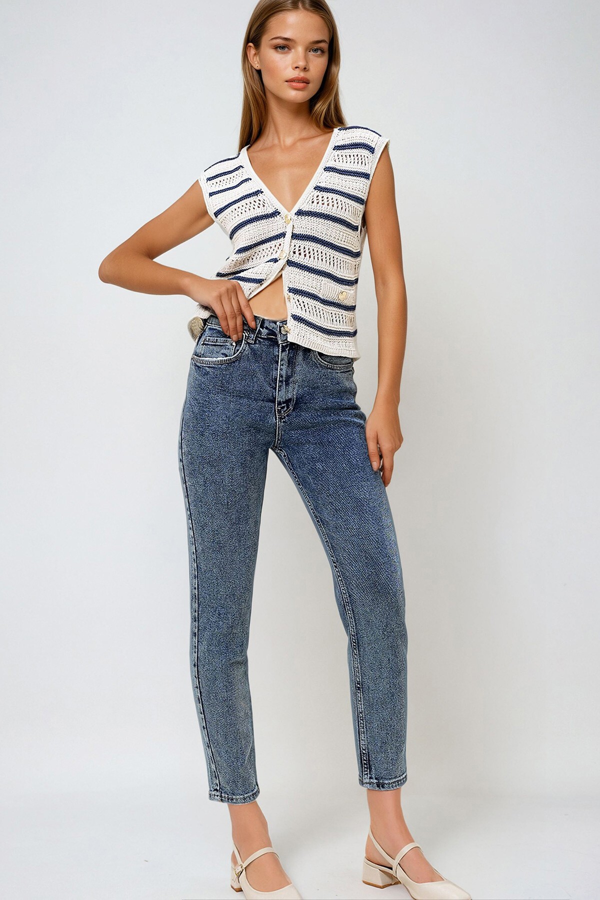 Mavi Yüksek Bel Mom Jean